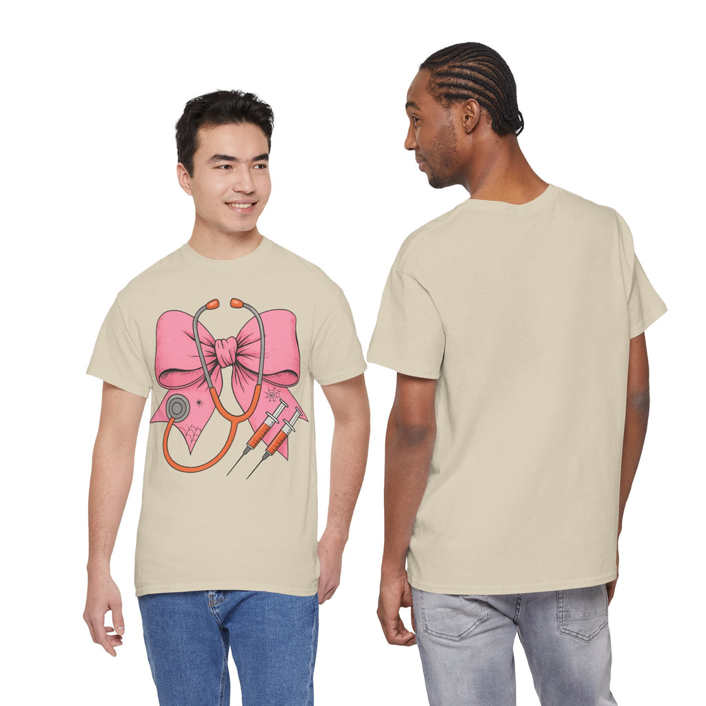 Halloween Nurse T‑Shirt — Pink Nurse Bow with Stethoscope, Syringes & Spider Webs..Unisex Cotton Tee