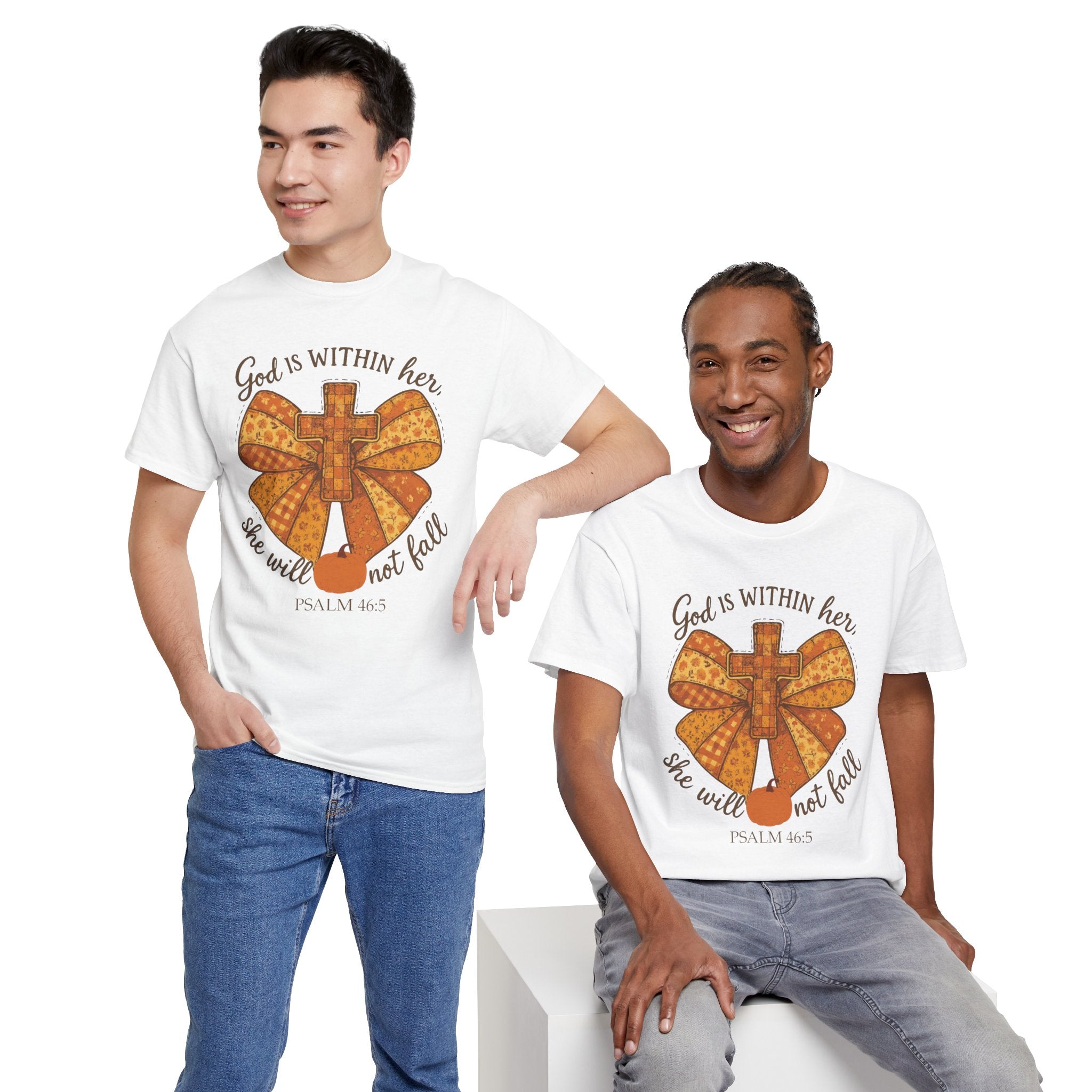 Psalm 46:5 Cross Patchwork Tee — Fall Bow Christian Unisex Cotton T-Shirt