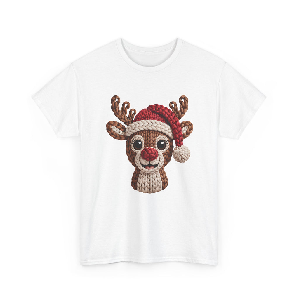 Reindeer in Santa Hat Cotton Tee — Joyful Faux-Yarn Holiday Unisex Coton T-Shirt