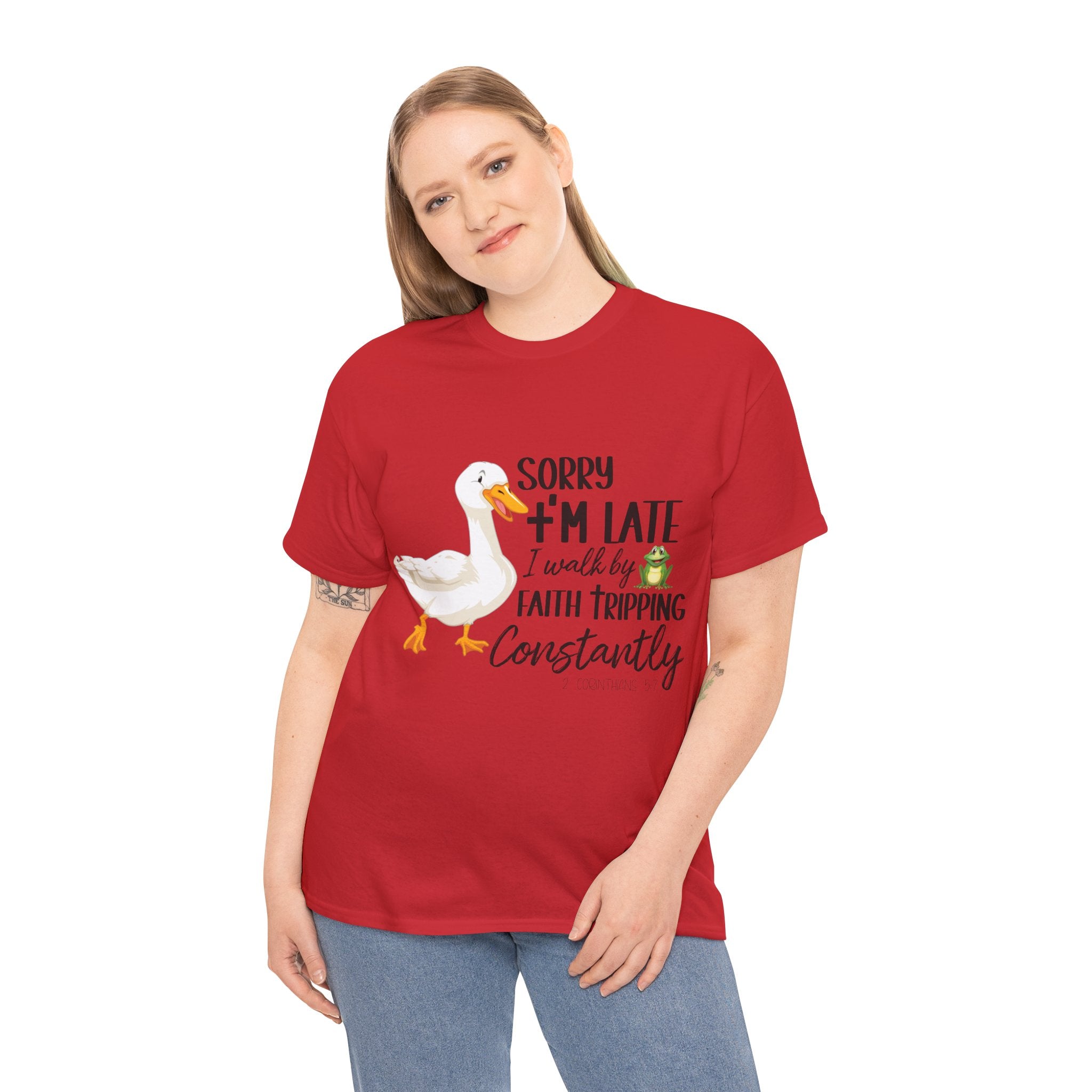 Christian Humor T-Shirt — “Sorry I’m Late, I Walk by Faith Tripping Constantly” (Duck & Frog). Unisex Cotton Tee