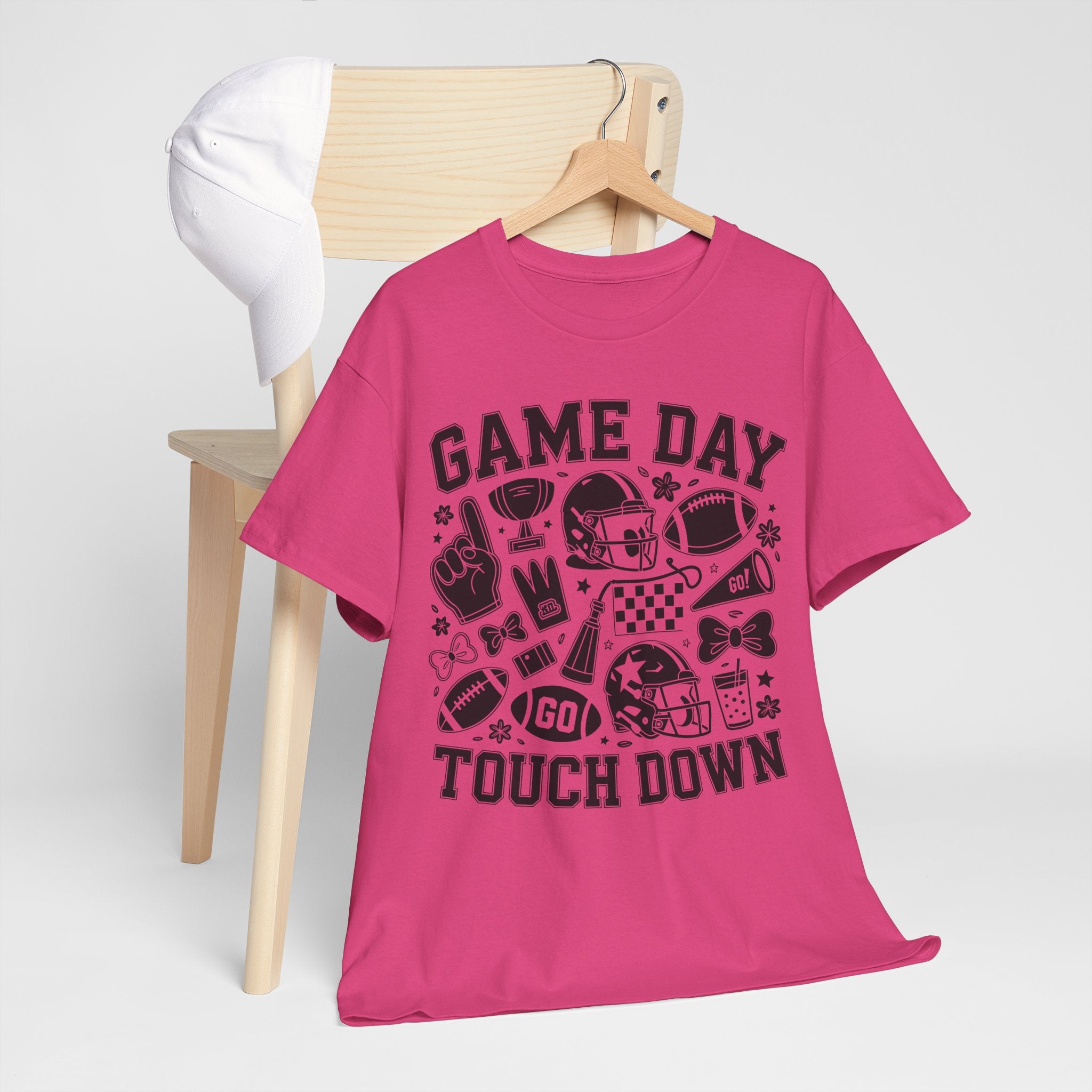 Game Day Touch Down Football T‑Shirt — Helmet & Cheer Monochrome Design Unisex Cotton Tee