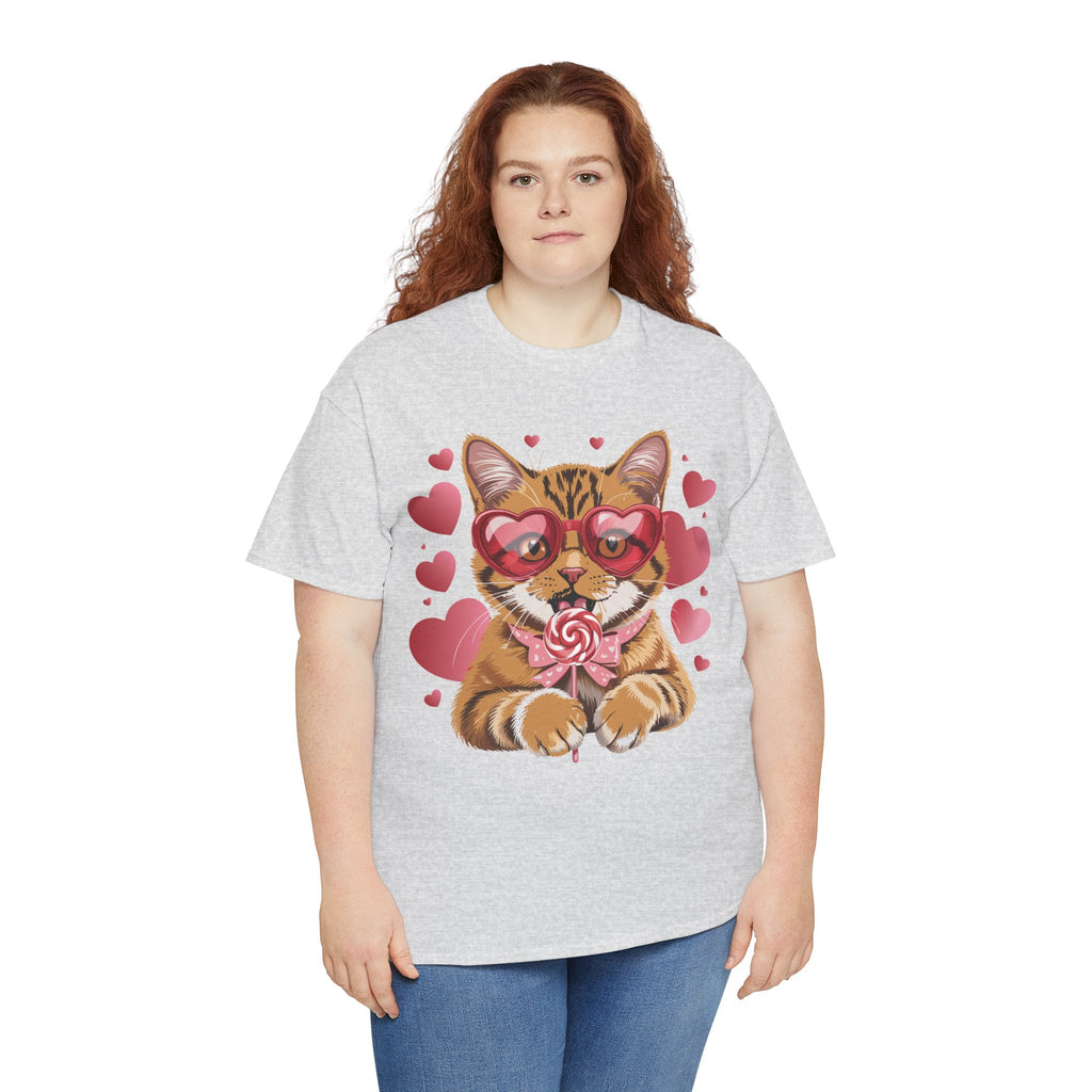 Valentine Cat Tee — Heart Glasses, Lollipop Bow Unisex Cotton Tee
