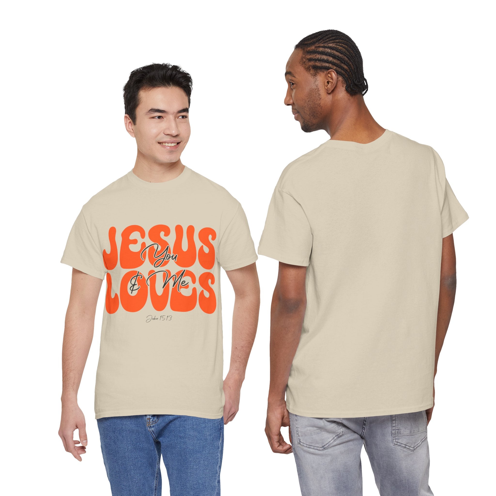 Jesus Loves You & Me Retro Tee — Playful Orange Bubbly Christian Unisex Cotton T-Shirt