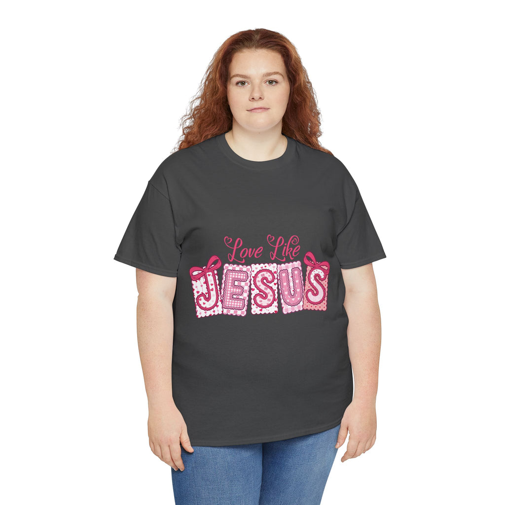 Love Like Jesus Patchwork Tee — Pink Stitched Heart Graphic.Unisex Cotton Tee