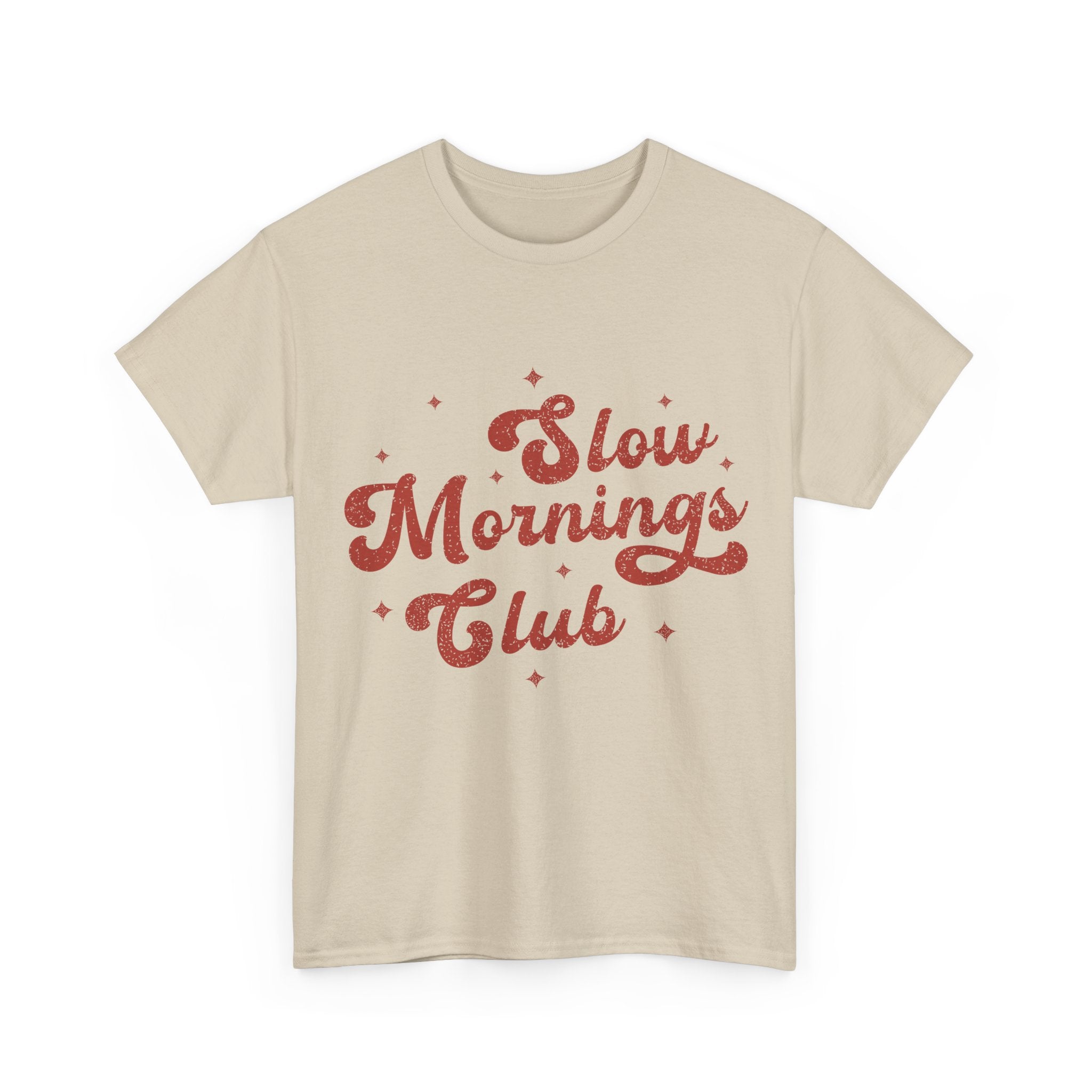 Slow Mornings Club T-Shirt — Retro Red Sparkle Unisex Cotton Tee