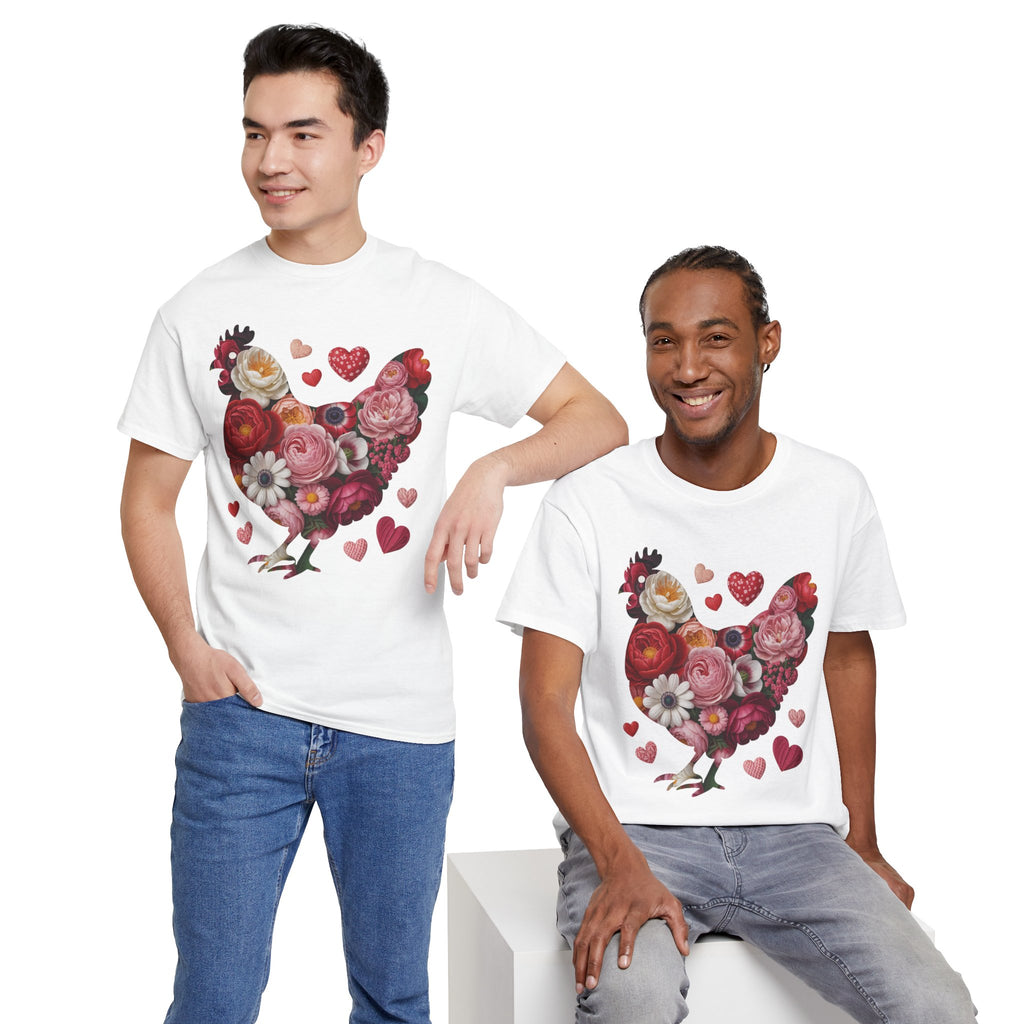 Floral Chicken Heart Tee — Red & Pink Flower Silhouette Unisex Cotton Tee