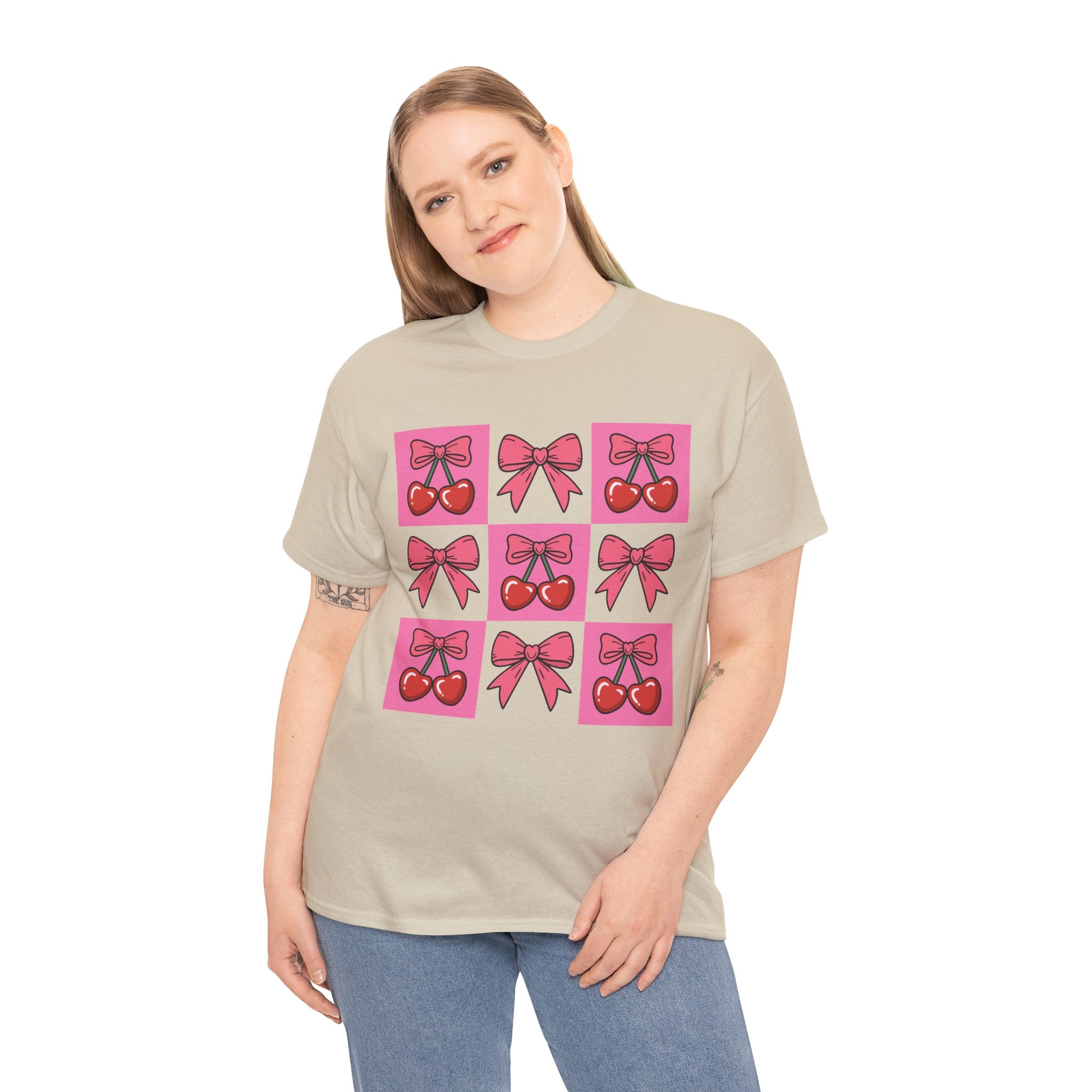 Cherry & Pink Bow Checkered Unisex Cotton Tee