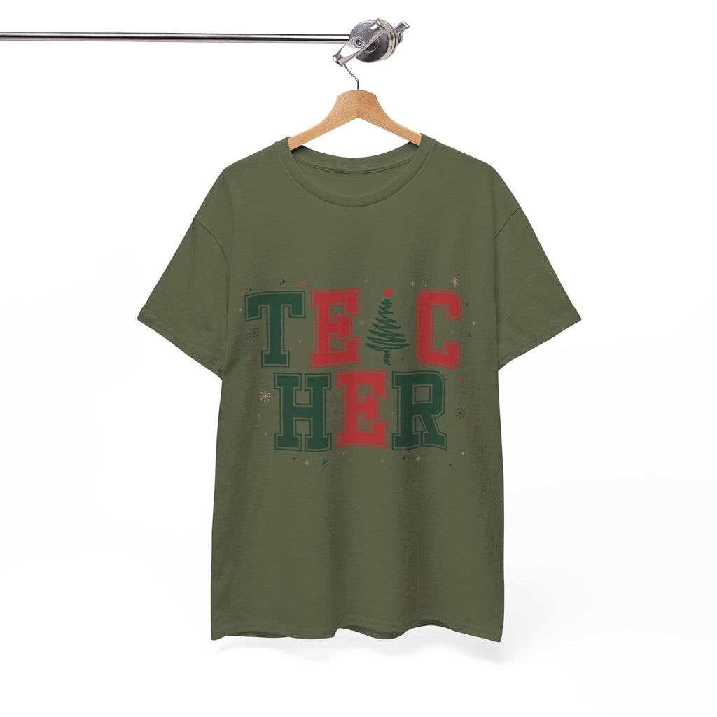 Teacher Christmas Varsity T-Shirt — Red & Green Holiday Unisex Cotton Tee