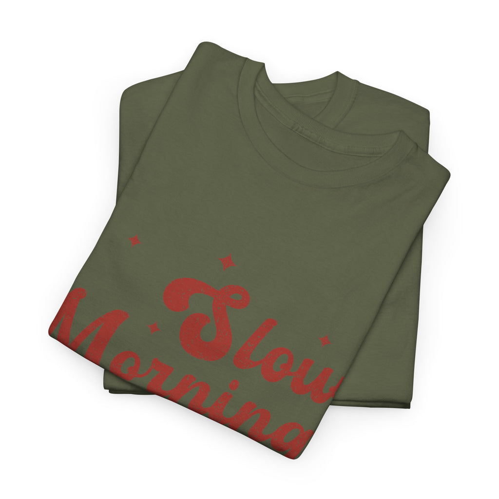 Slow Mornings Club T-Shirt — Retro Red Sparkle Unisex Cotton Tee
