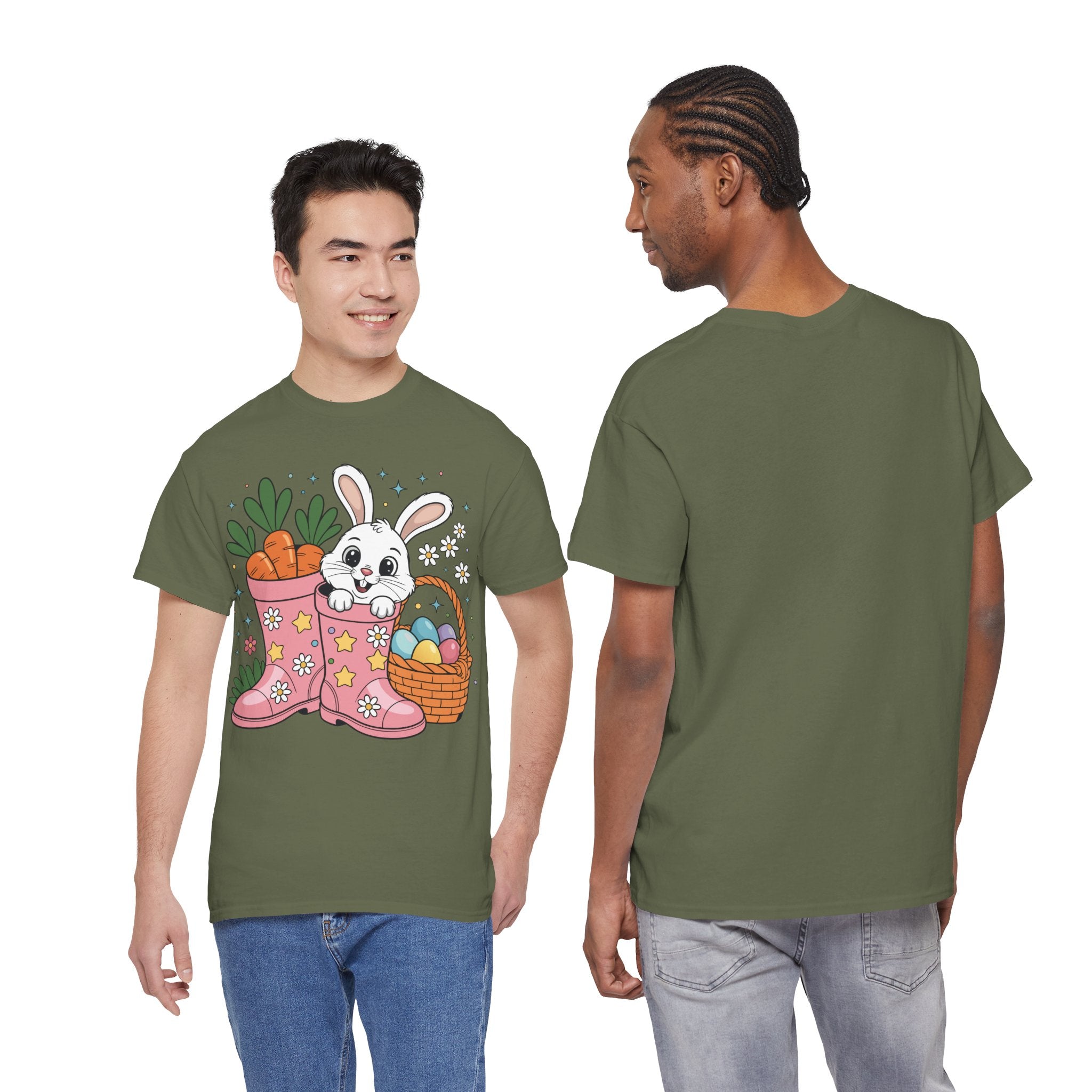 Easter Bunny in Pink Rain Boots T-Shirt — Cartoon Bunny, Carrots & Colorful Eggs Unisex Cotton Tee