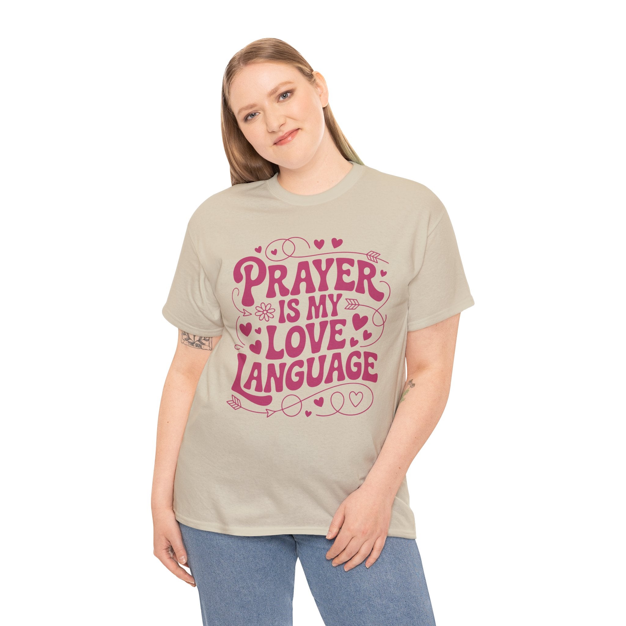 Prayer Is My Love Language Christian Tee — Pastel Pink Hearts Unisex Cotton Tee