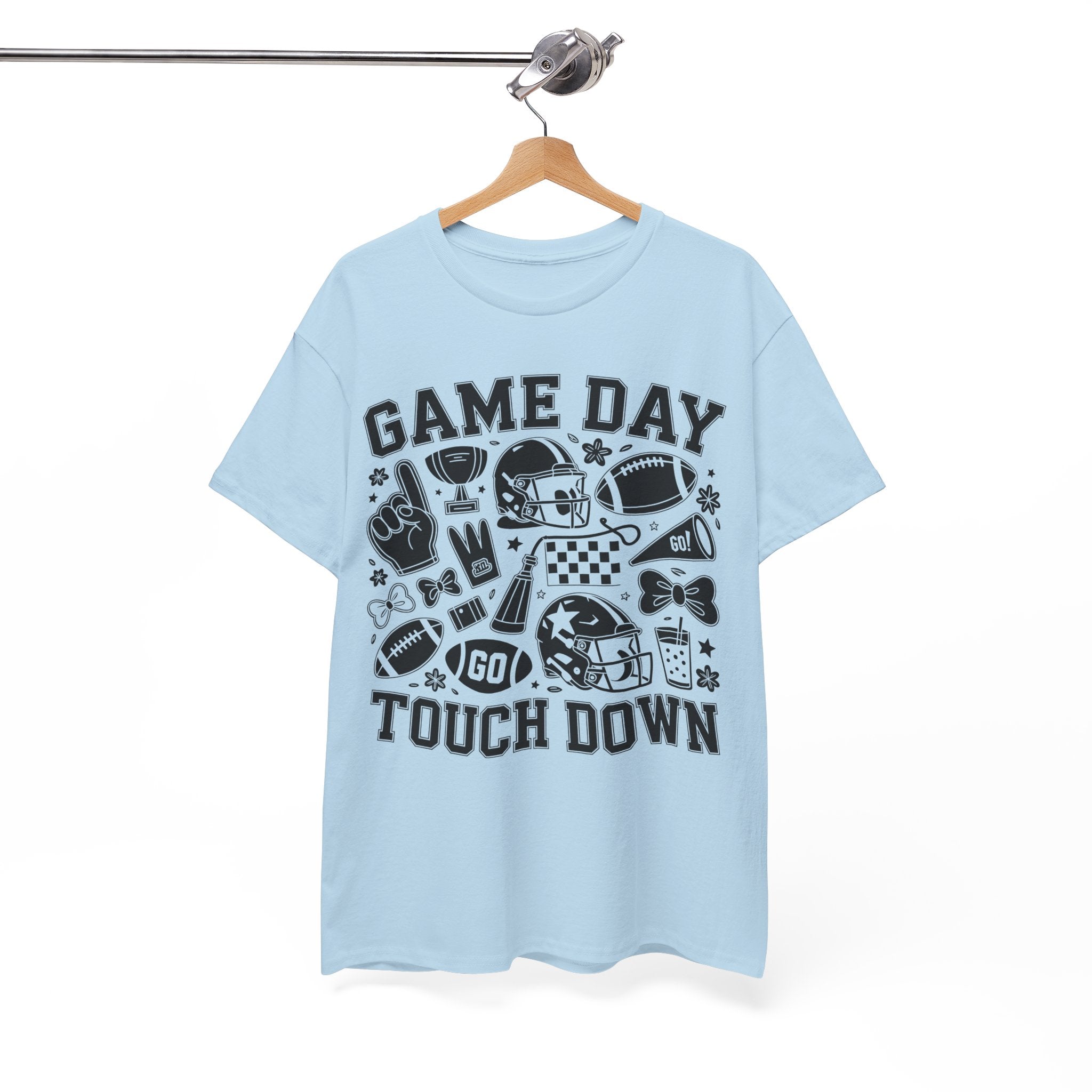 Game Day Touch Down Football T‑Shirt — Helmet & Cheer Monochrome Design Unisex Cotton Tee