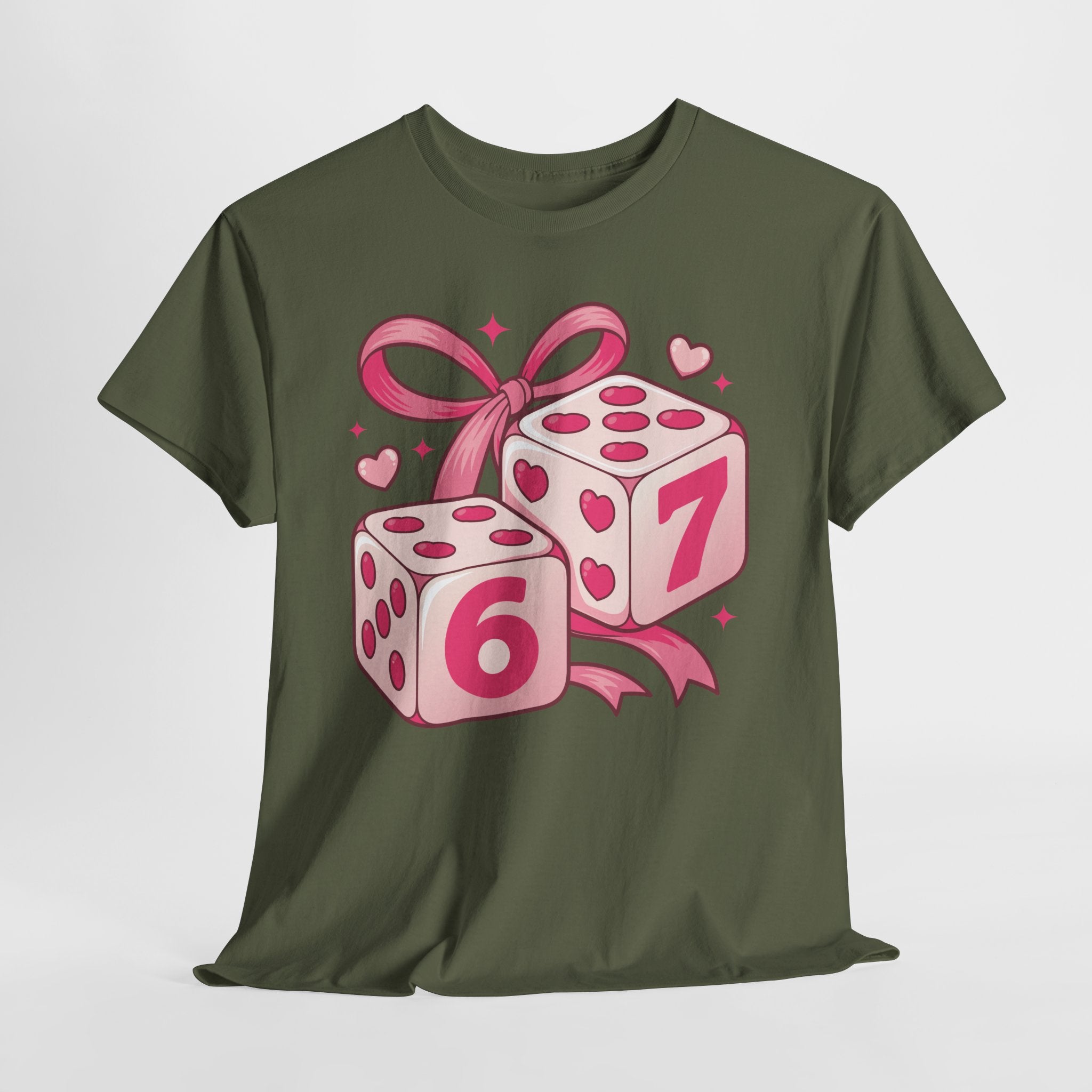 Lucky Love Dice T-Shirt — Pink Heart Dice with Bow..Unisex Cotton Tee