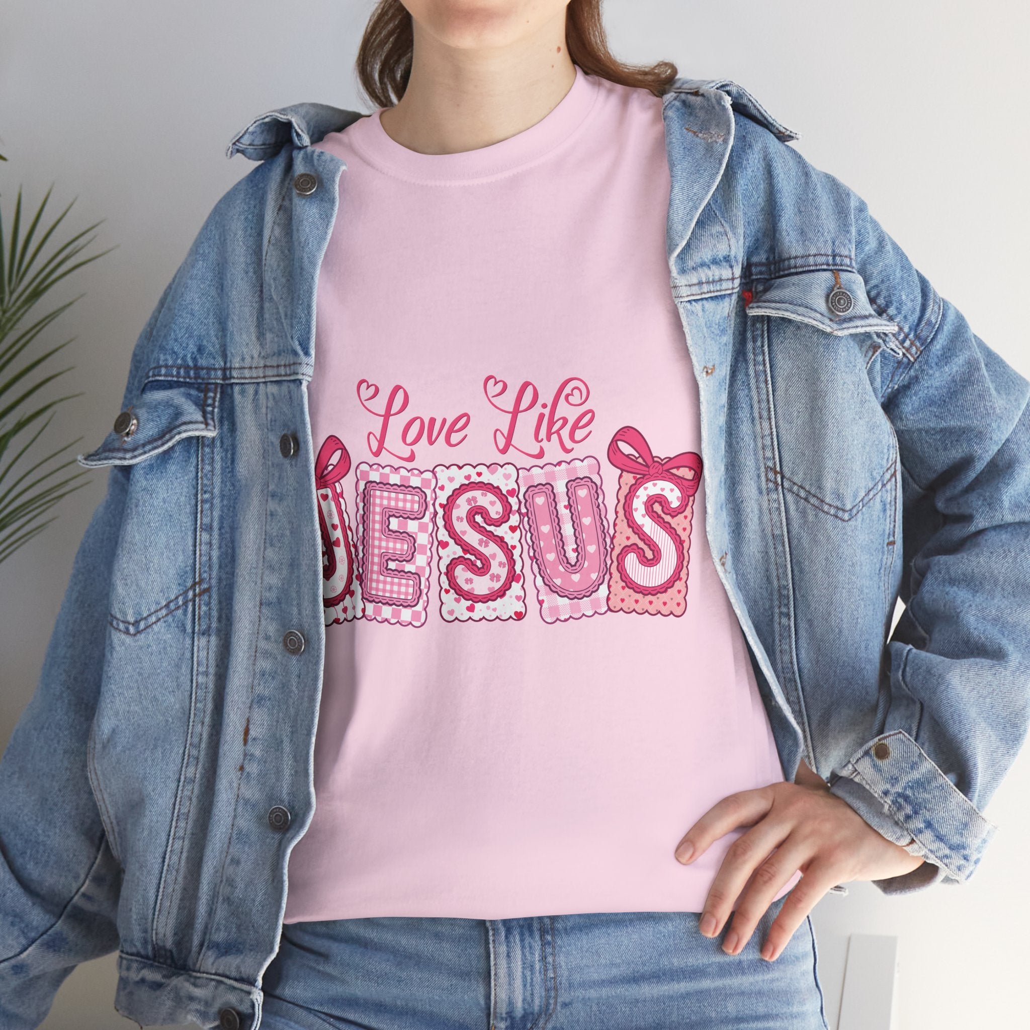 Love Like Jesus Patchwork Tee — Pink Stitched Heart Graphic.Unisex Cotton Tee