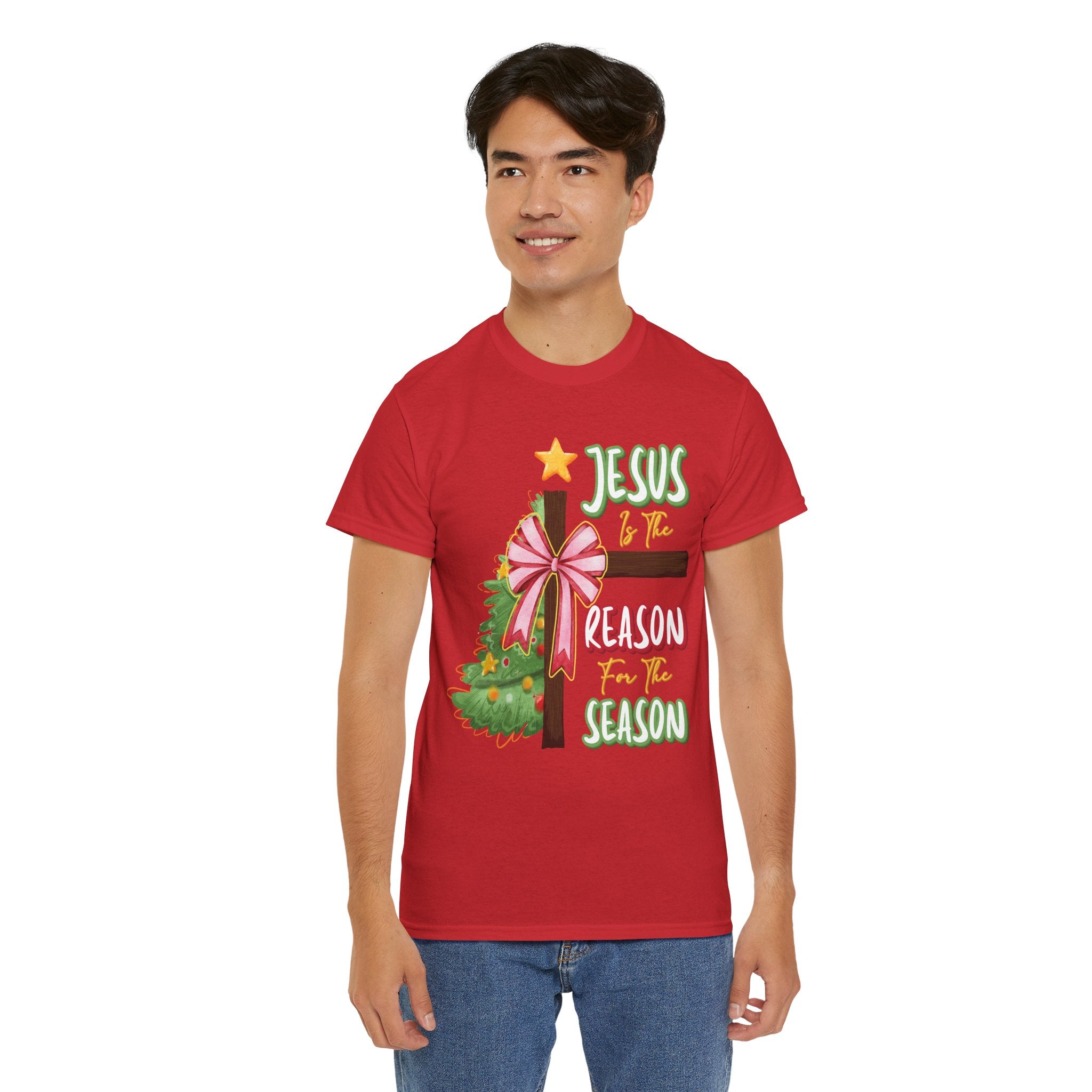 Jesus Is the Reason for the Season Christmas Tee — Cross with Pink Bow & Tree. Unisex Cotton Tee