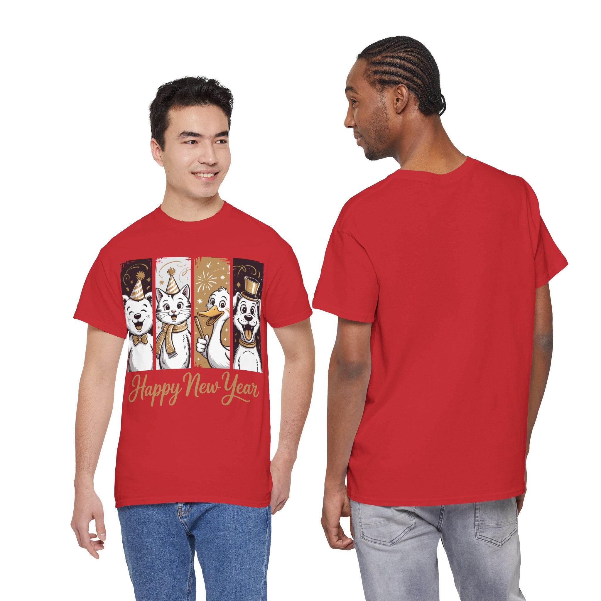 Happy New Year Party Animals T-Shirt — Cute Smiling Animals in Party Hats & Gold Fireworks..Unisex Cotton Tee