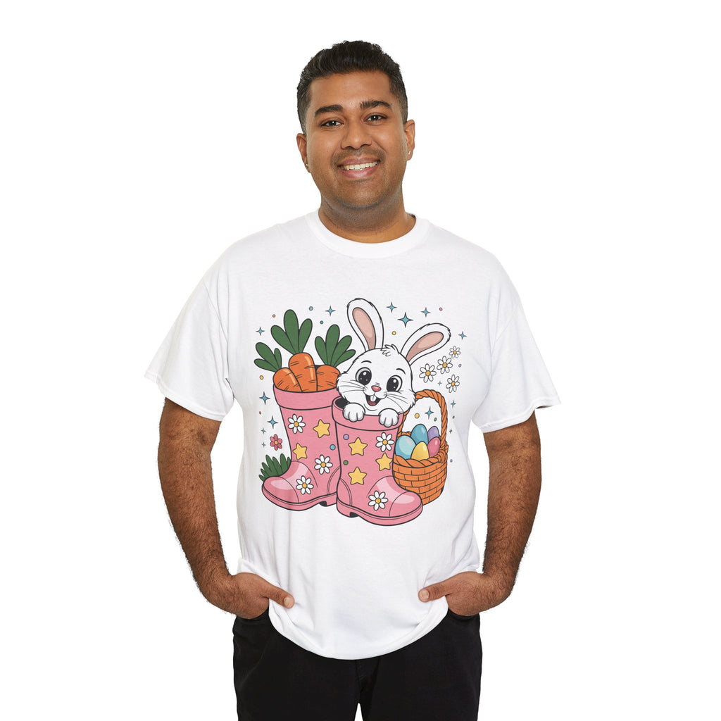 Easter Bunny in Pink Rain Boots T-Shirt — Cartoon Bunny, Carrots & Colorful Eggs Unisex Cotton Tee