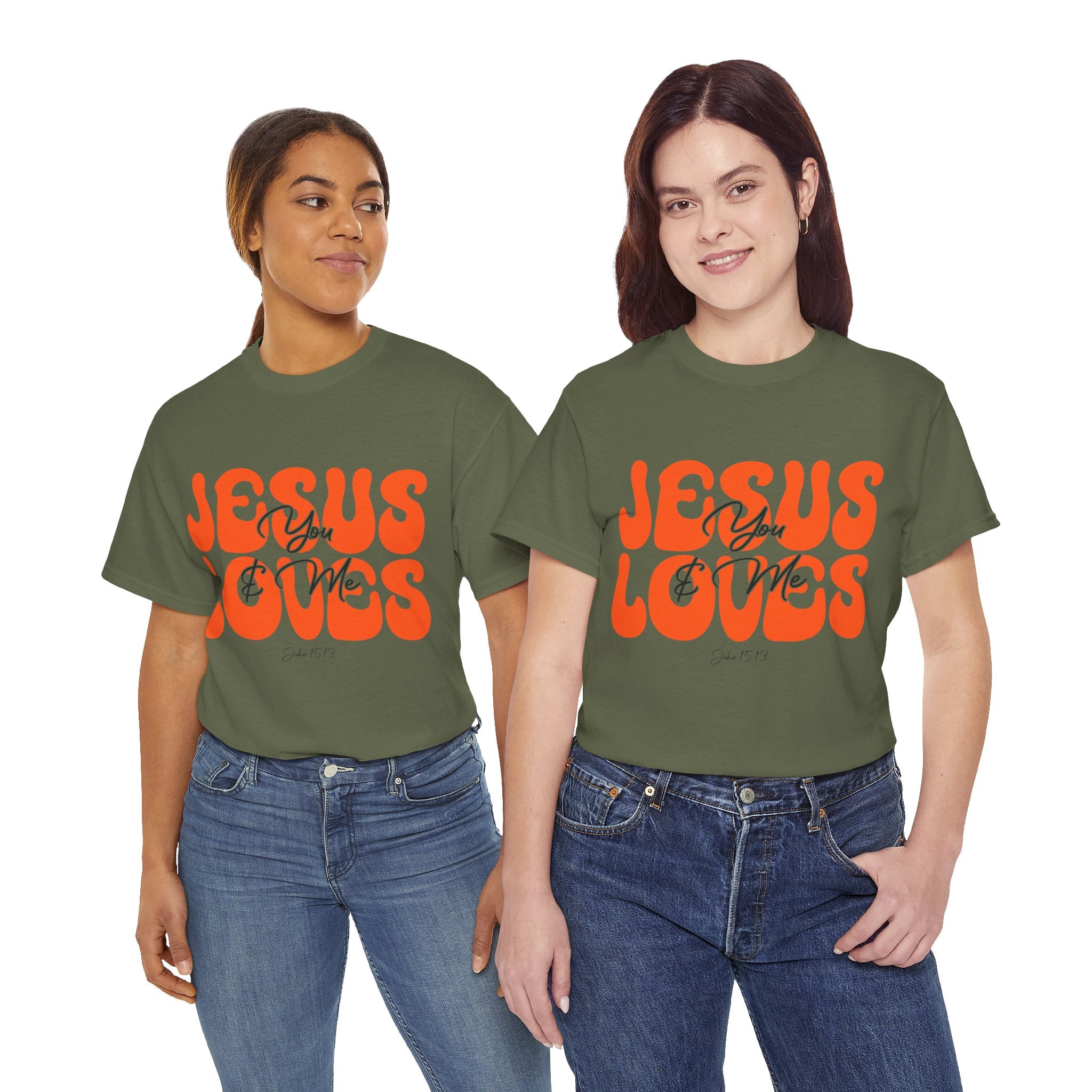 Jesus Loves You & Me Retro Tee — Playful Orange Bubbly Christian Unisex Cotton T-Shirt