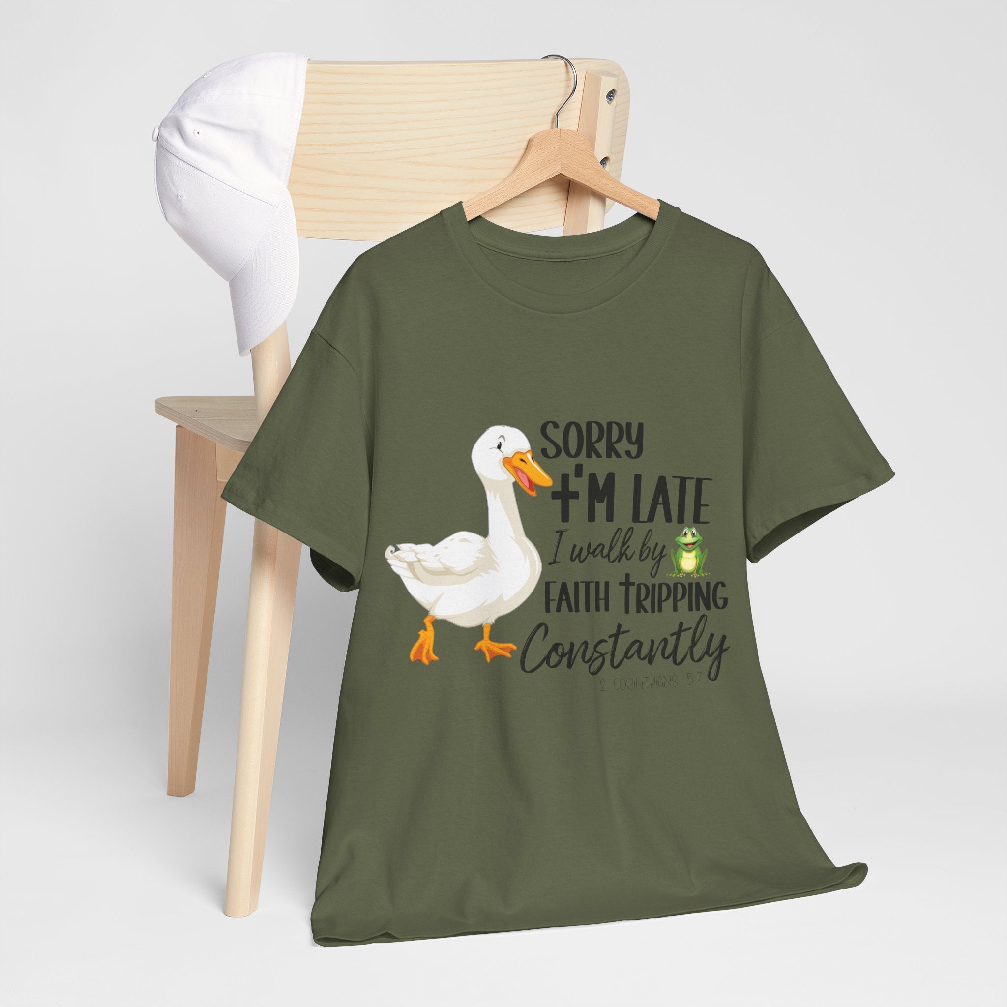 Christian Humor T-Shirt — “Sorry I’m Late, I Walk by Faith Tripping Constantly” (Duck & Frog). Unisex Cotton Tee
