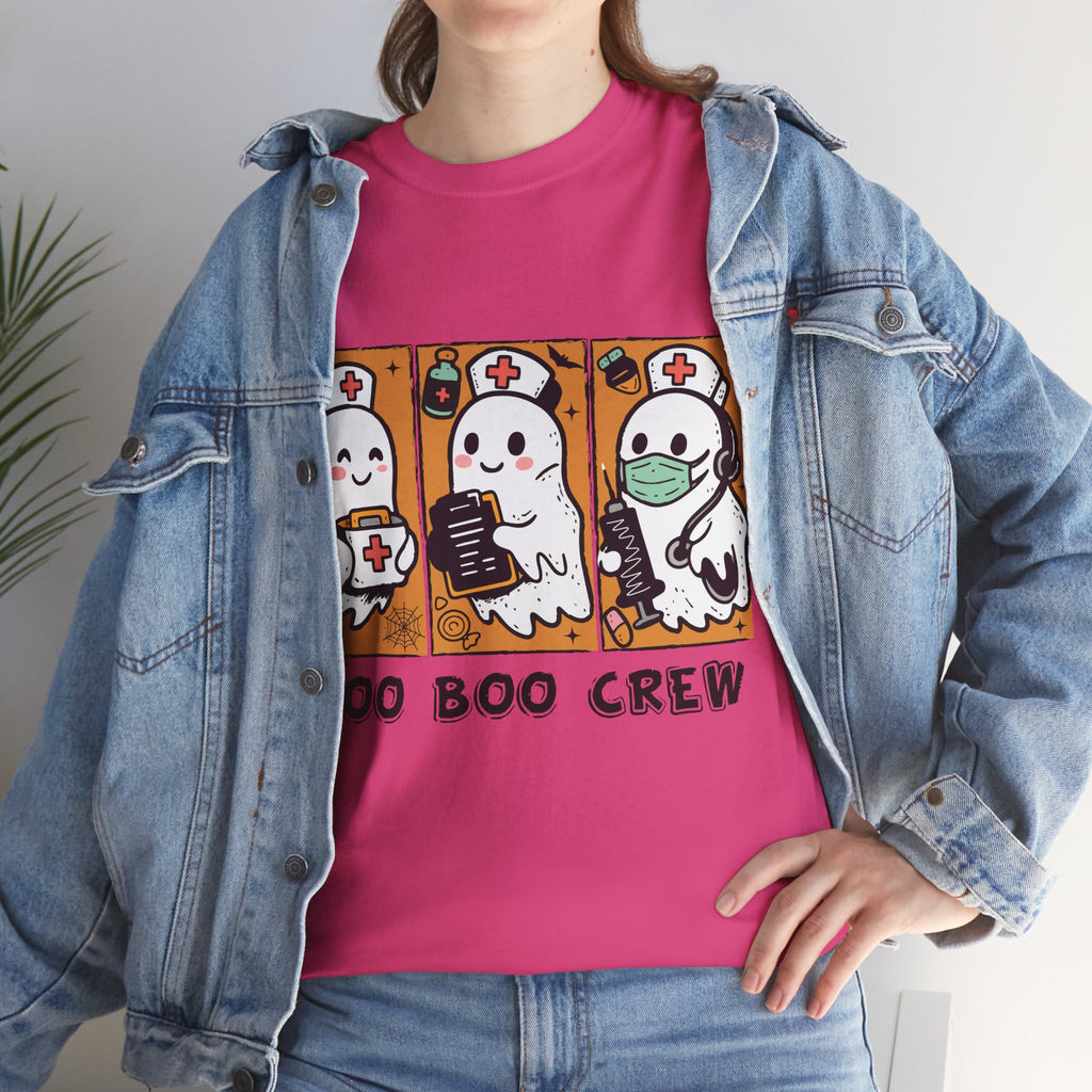 Halloween Nurse T-Shirt — Ghost Nurses Holding Medical Tools on Orange Unisec Cotton Tee