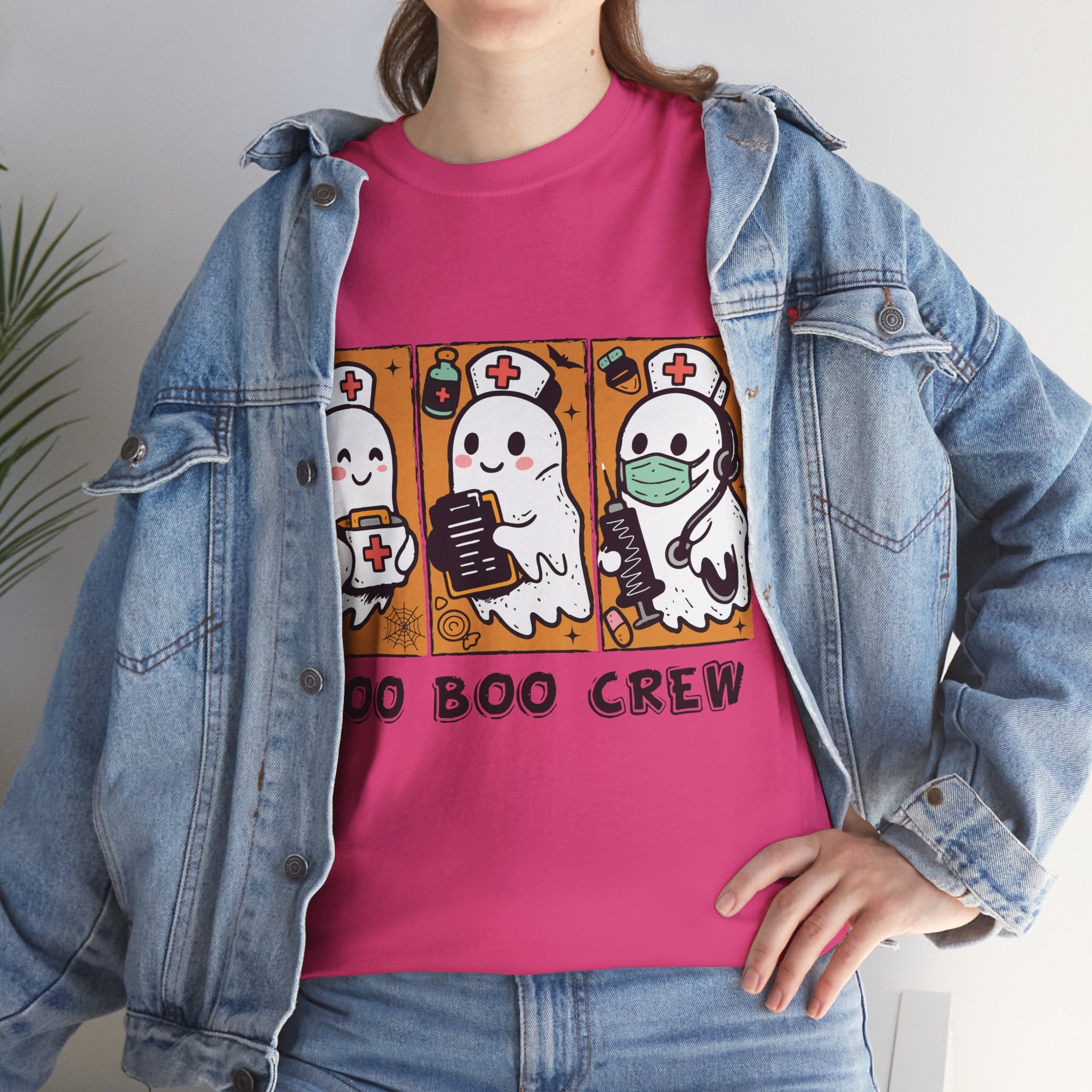 Halloween Nurse T-Shirt — Ghost Nurses Holding Medical Tools on Orange Unisec Cotton Tee
