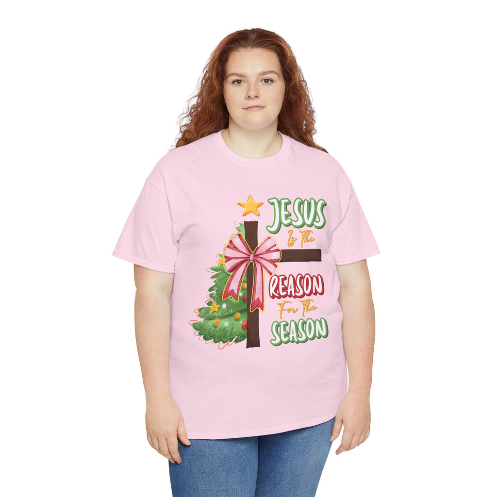 Jesus Is the Reason for the Season Christmas Tee — Cross with Pink Bow & Tree. Unisex Cotton Tee