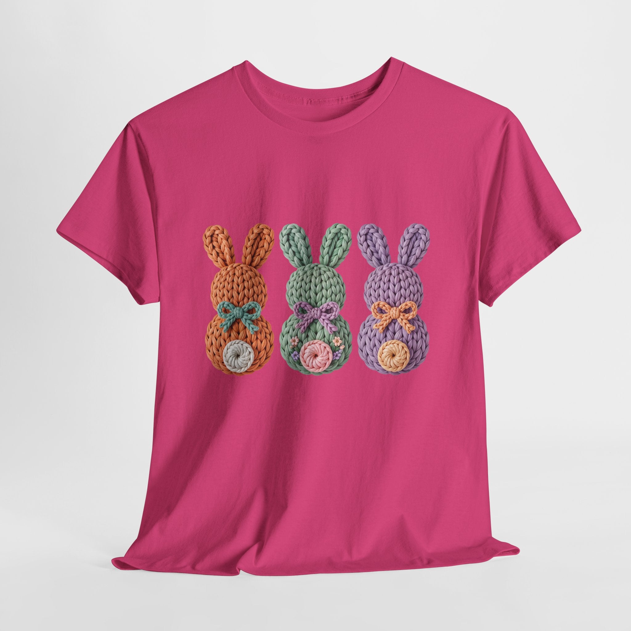 Pastel Crochet Bunny Tee — Trio of Faux Knit Bunnies with Bows & Flowers Unisex Cotton Tee