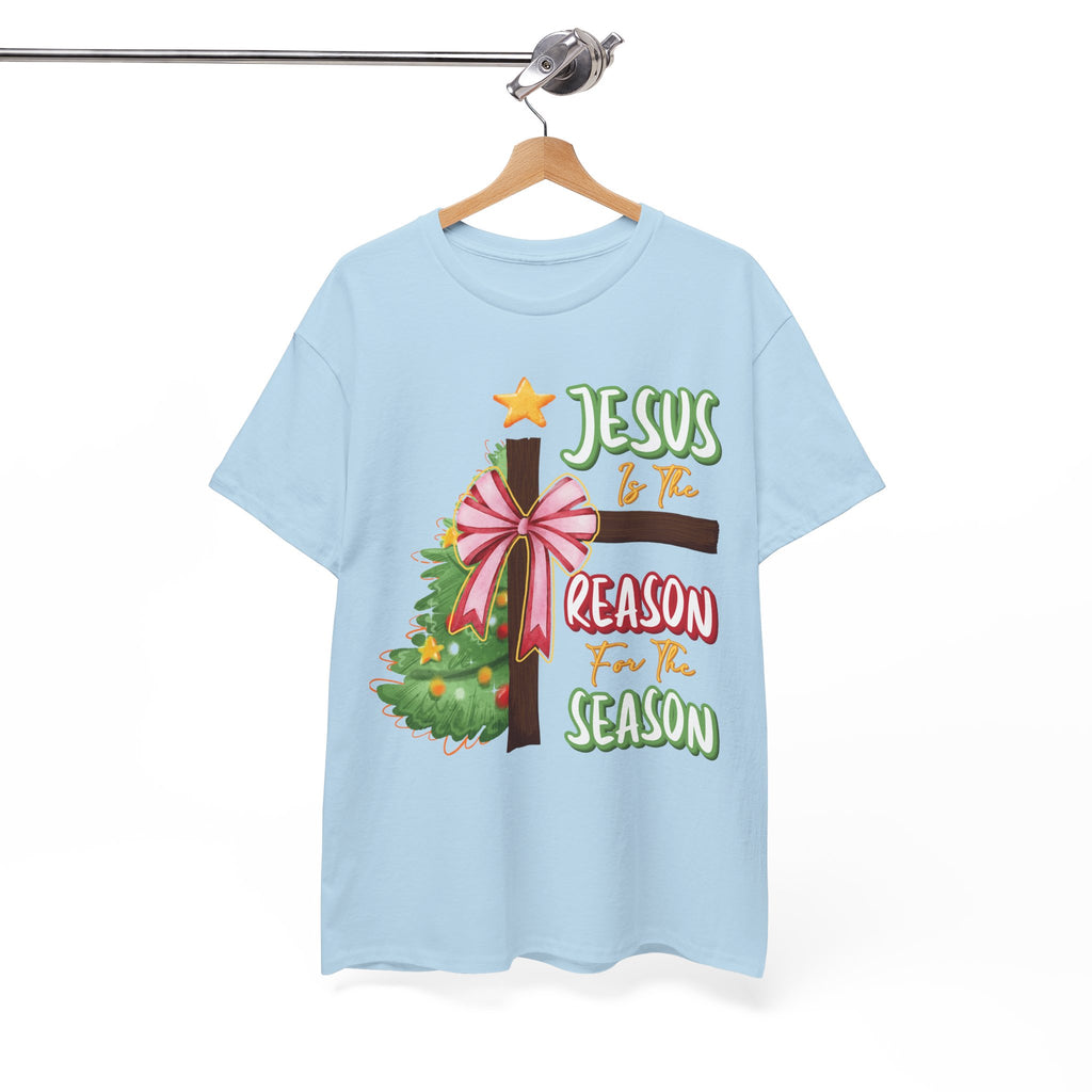 Jesus Is the Reason for the Season Christmas Tee — Cross with Pink Bow & Tree. Unisex Cotton Tee