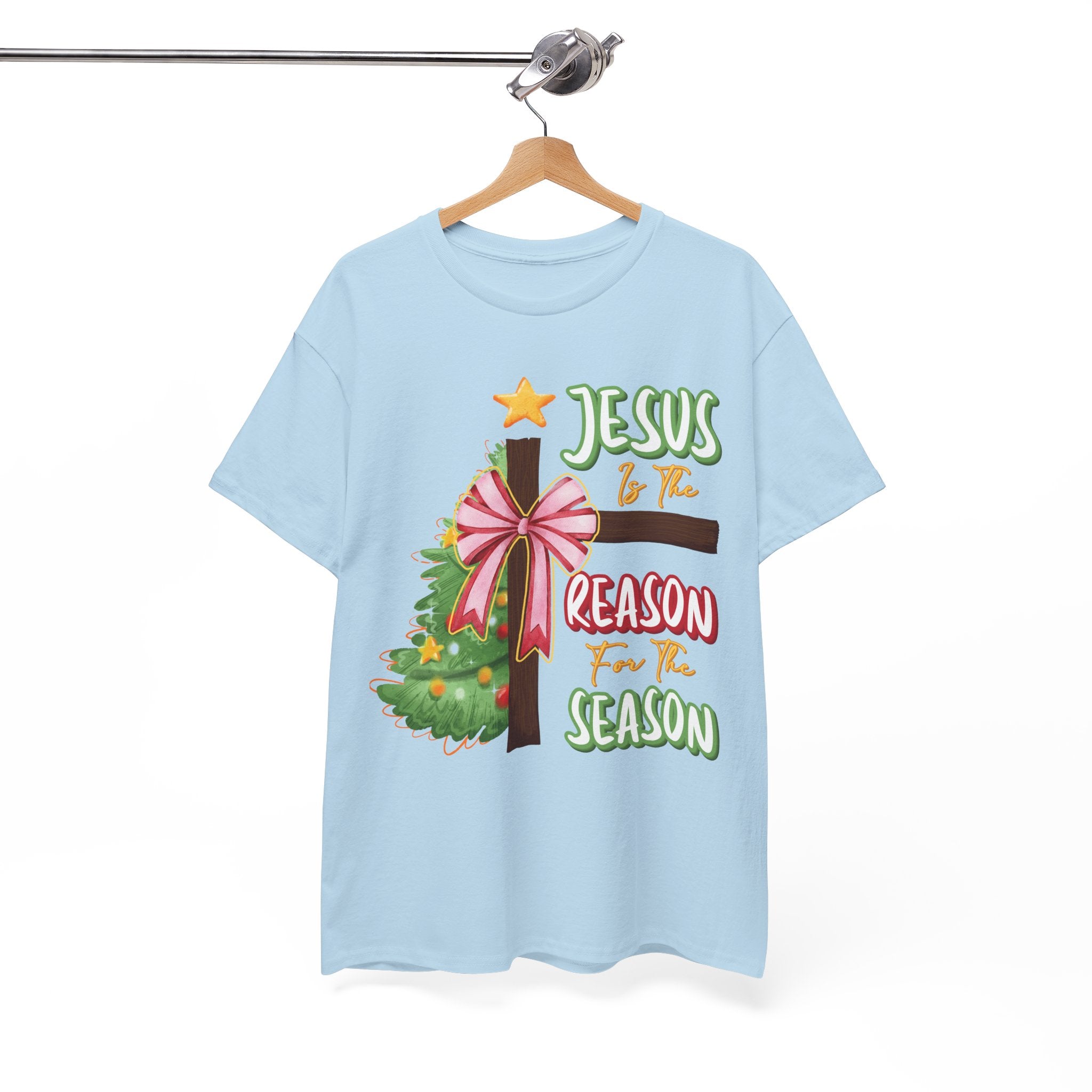 Jesus Is the Reason for the Season Christmas Tee — Cross with Pink Bow & Tree. Unisex Cotton Tee