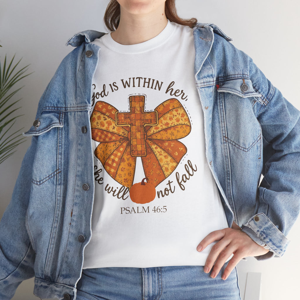 Psalm 46:5 Cross Patchwork Tee — Fall Bow Christian Unisex Cotton T-Shirt
