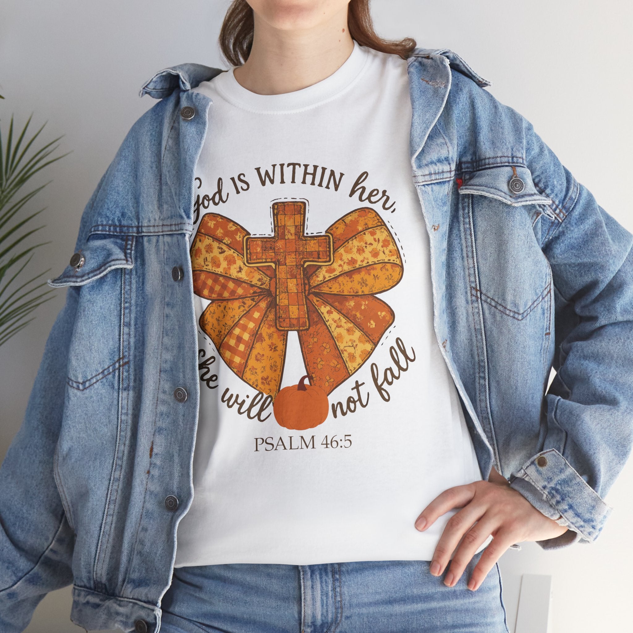 Psalm 46:5 Cross Patchwork Tee — Fall Bow Christian Unisex Cotton T-Shirt