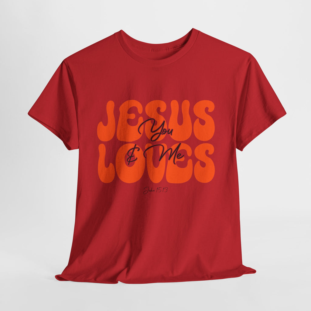 Jesus Loves You & Me Retro Tee — Playful Orange Bubbly Christian Unisex Cotton T-Shirt