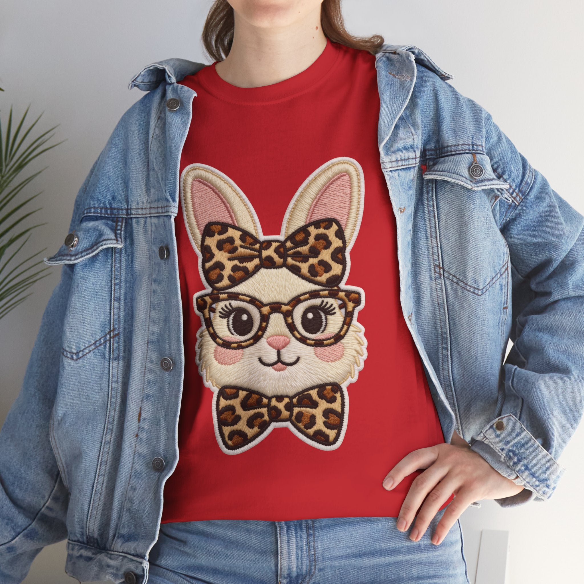 Leopard Bow Bunny Embroidered Tee — Cute Bunny Face with Glasses Patch Unisex Cotton Tee