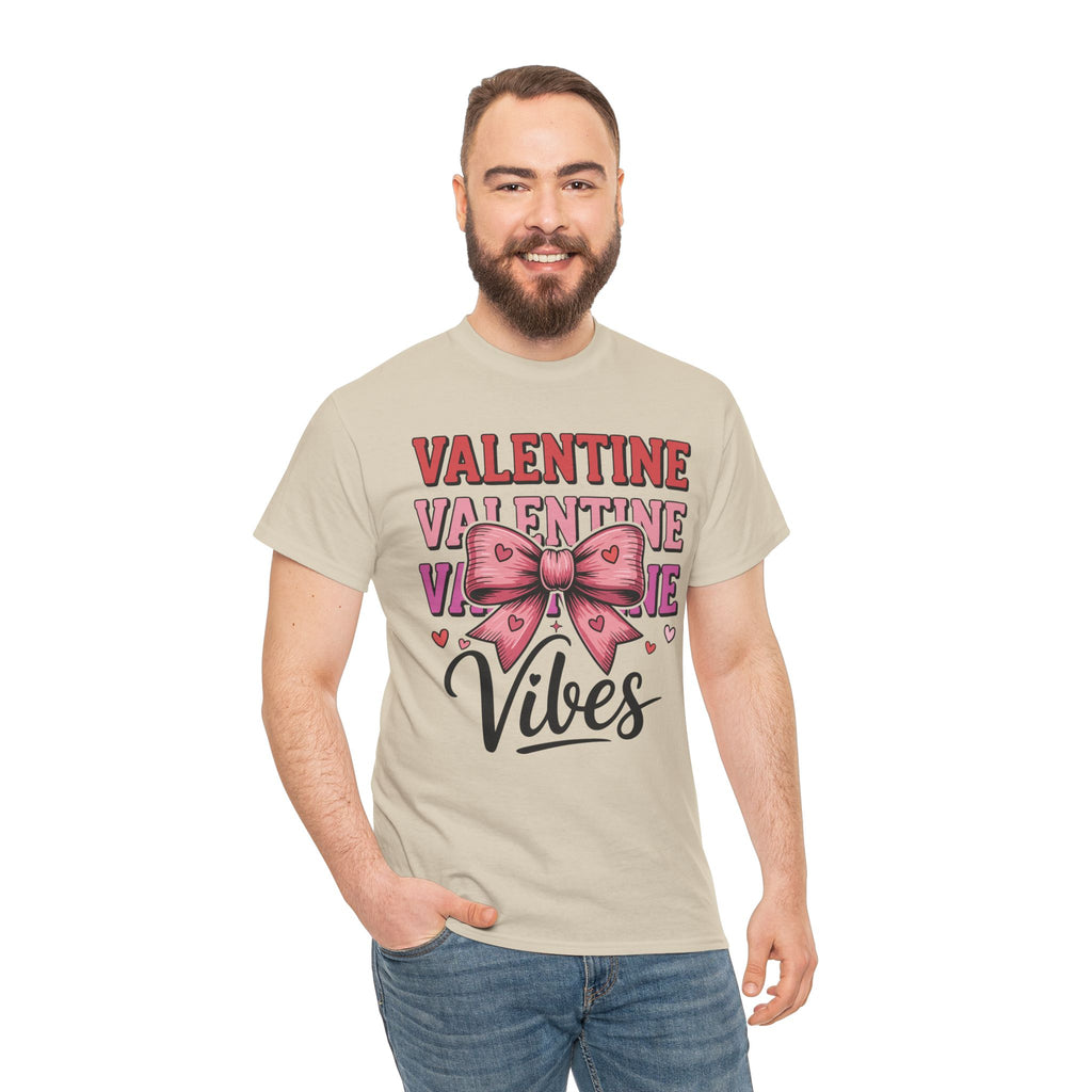 Valentine Vibes T-Shirt — Pink Bow Heart Graphic Unisex Cotton Tee