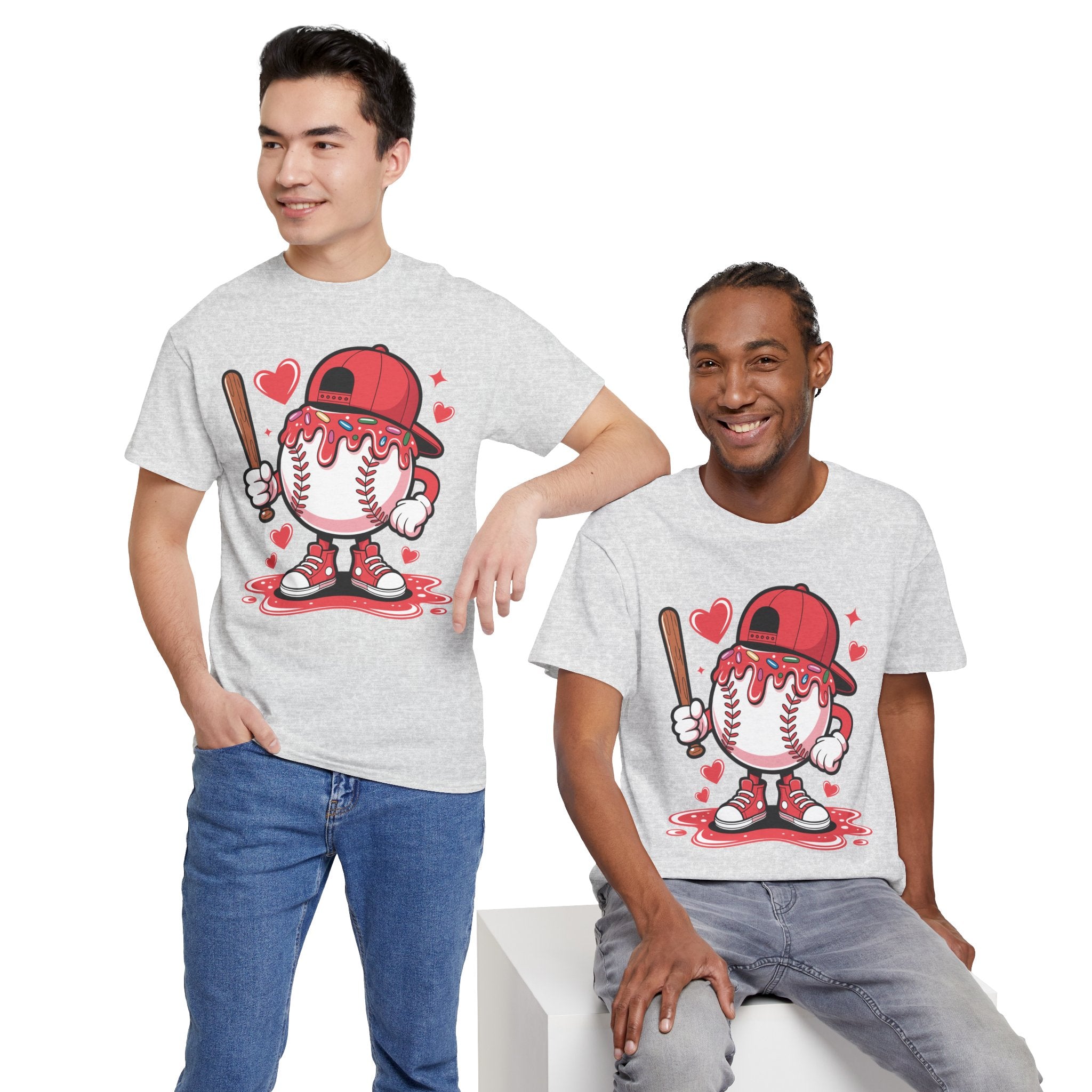 Cute Baseball Character T-Shirt — Red Cap & Icing Top Graphic with Hearts Unisex Cotton Tee
