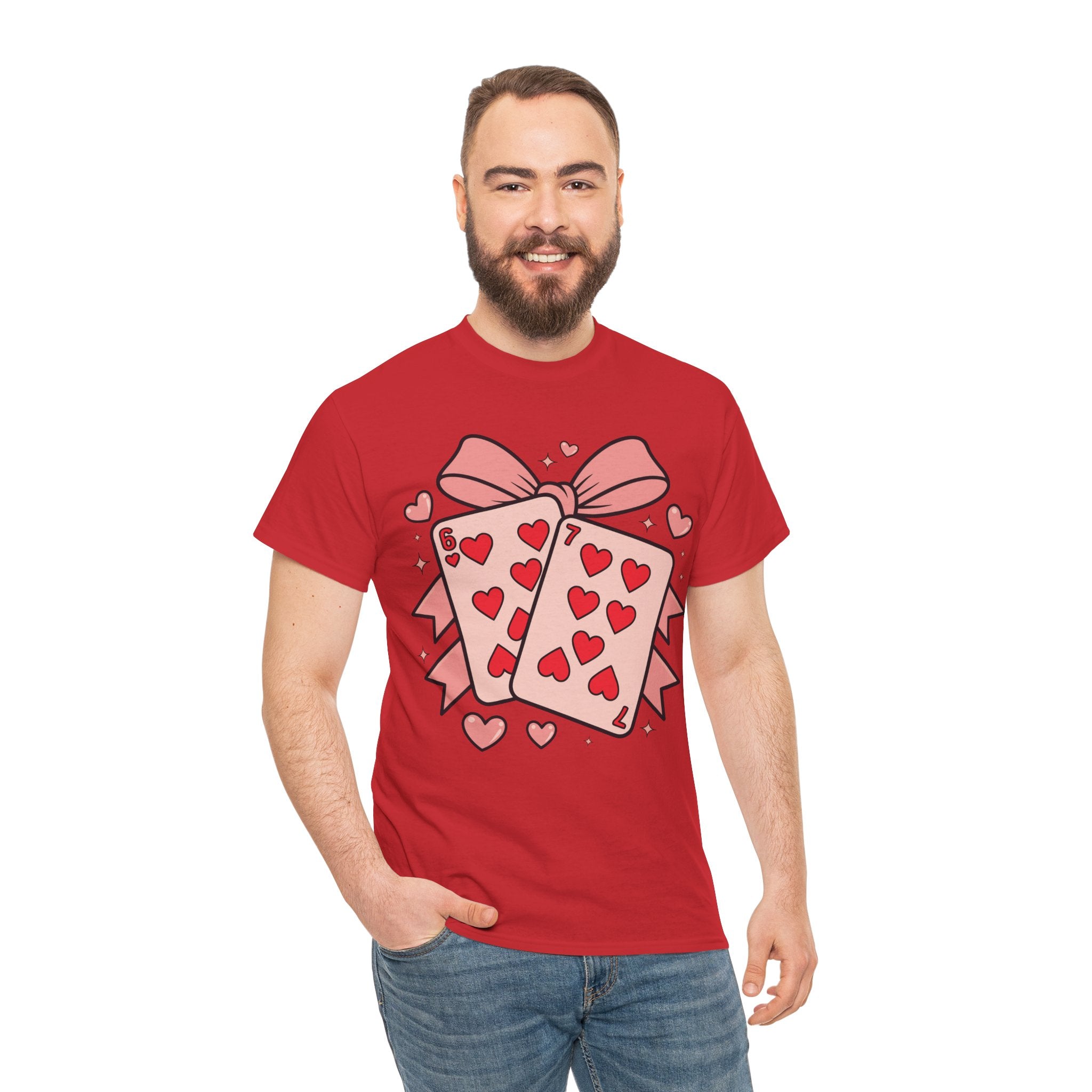 6 & 7 of Hearts T-Shirt — Paired Playing Cards with Pink Bow Unisex Cotton Tee