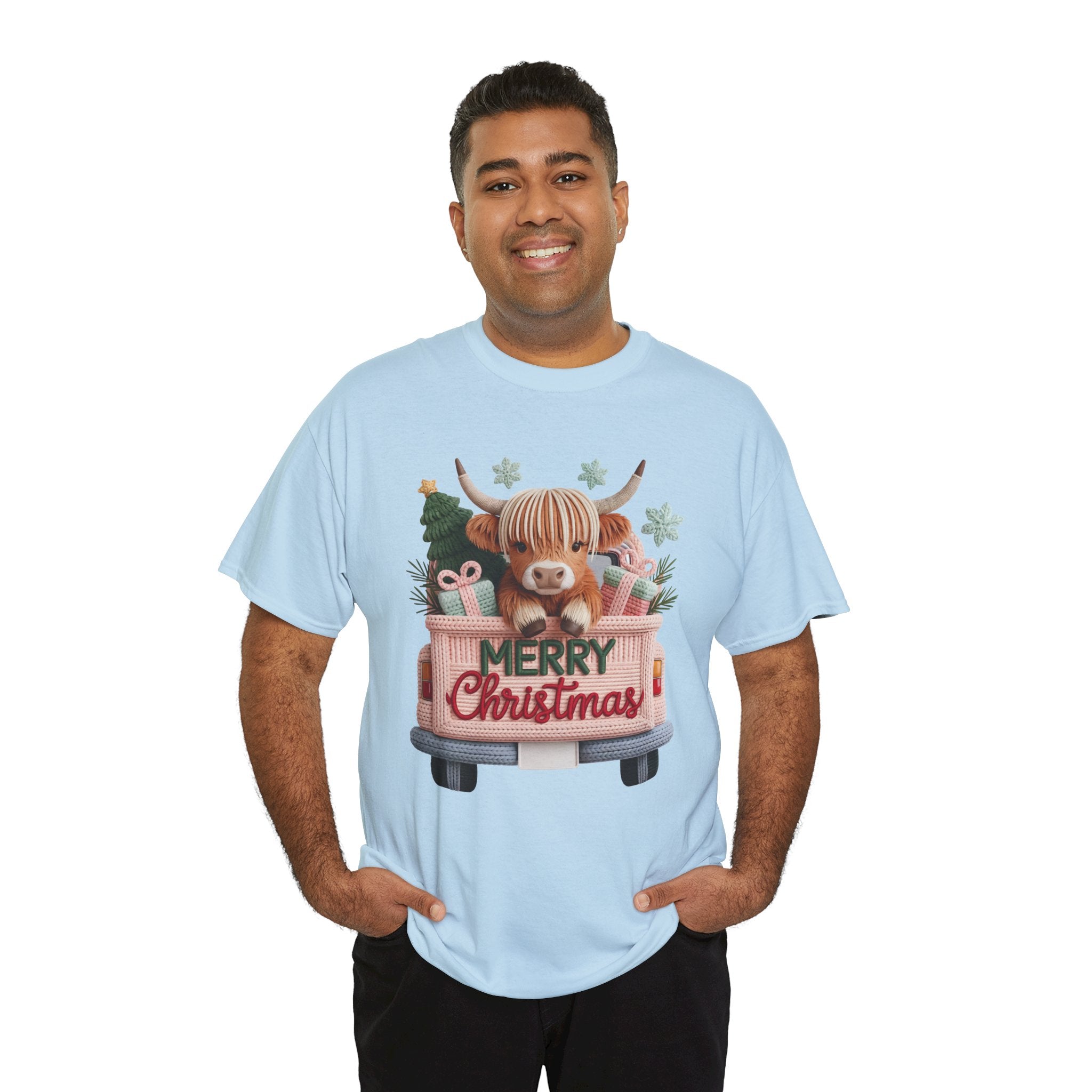 Merry Christmas Highland Cow Knit Truck Unisex Cotton T-Shirt