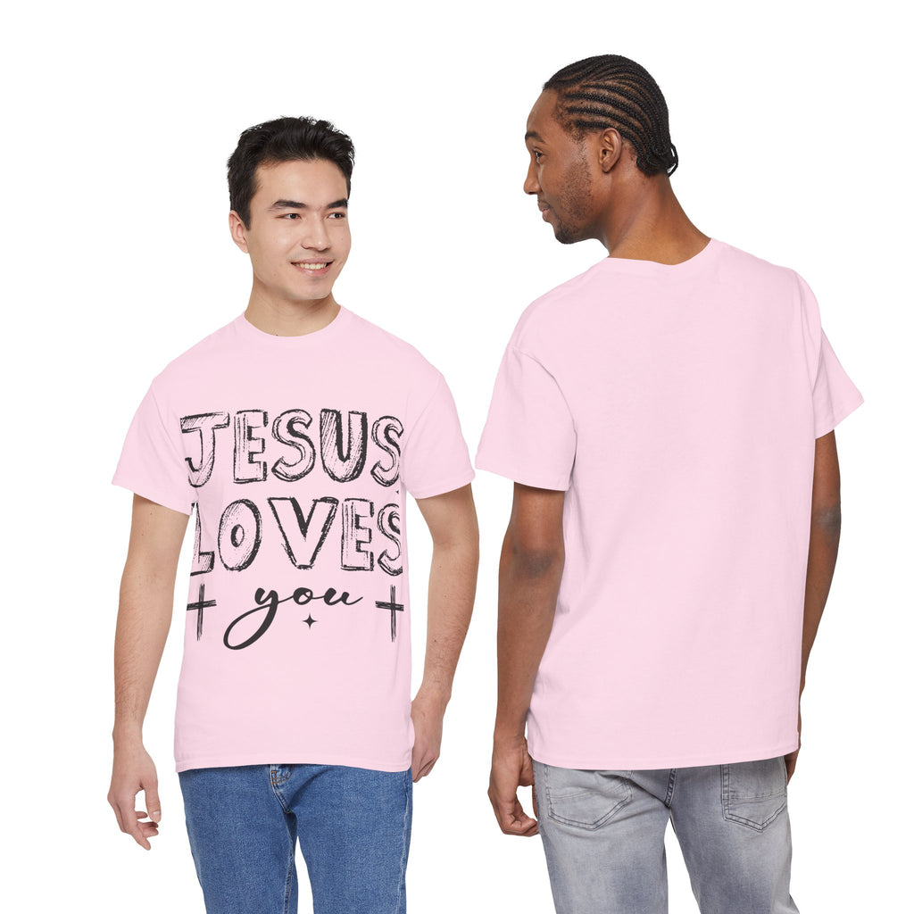 Jesus Loves You Chalk-Style Tee — Crosses & Stars Christian UNisex Cotton T-Shirt
