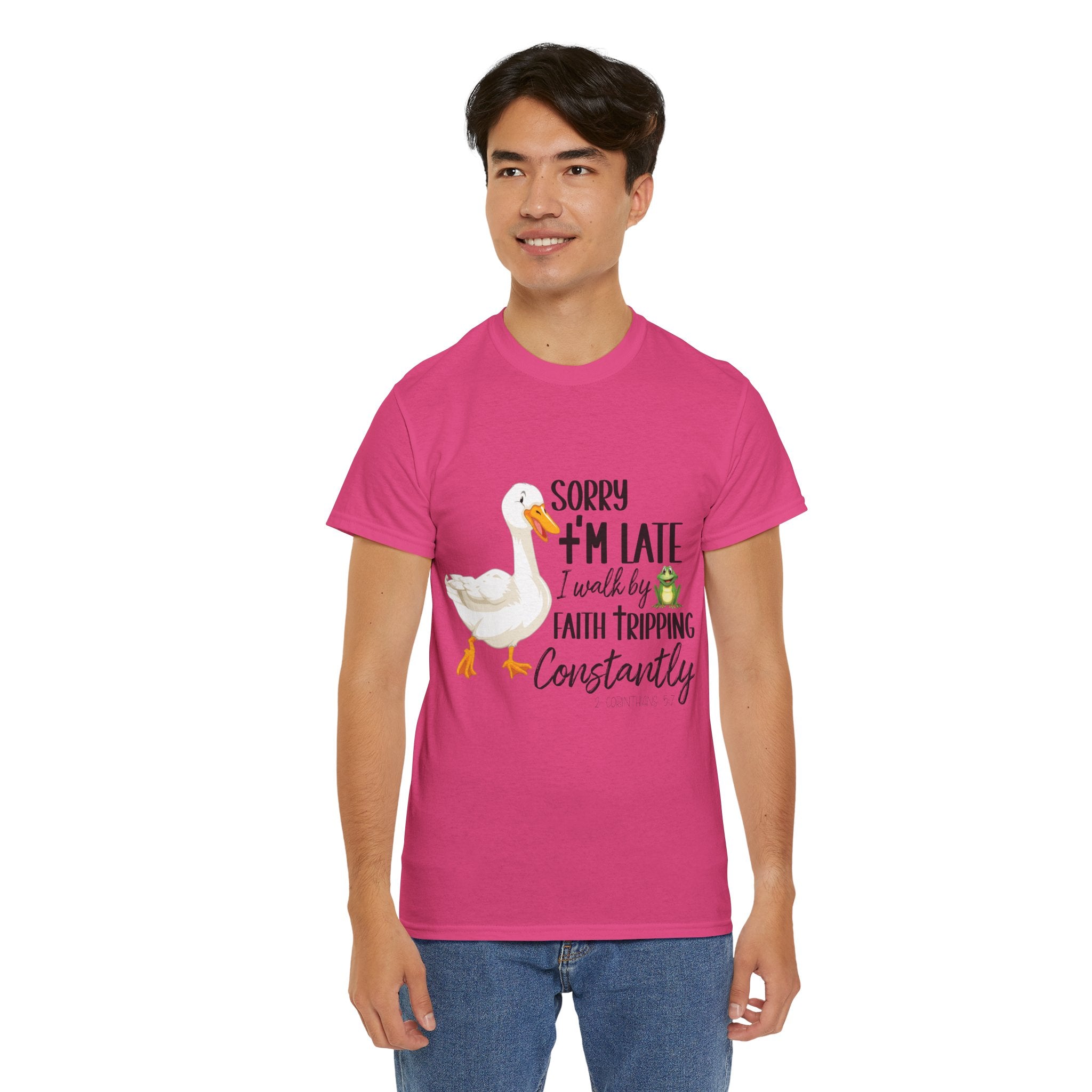 Christian Humor T-Shirt — “Sorry I’m Late, I Walk by Faith Tripping Constantly” (Duck & Frog). Unisex Cotton Tee