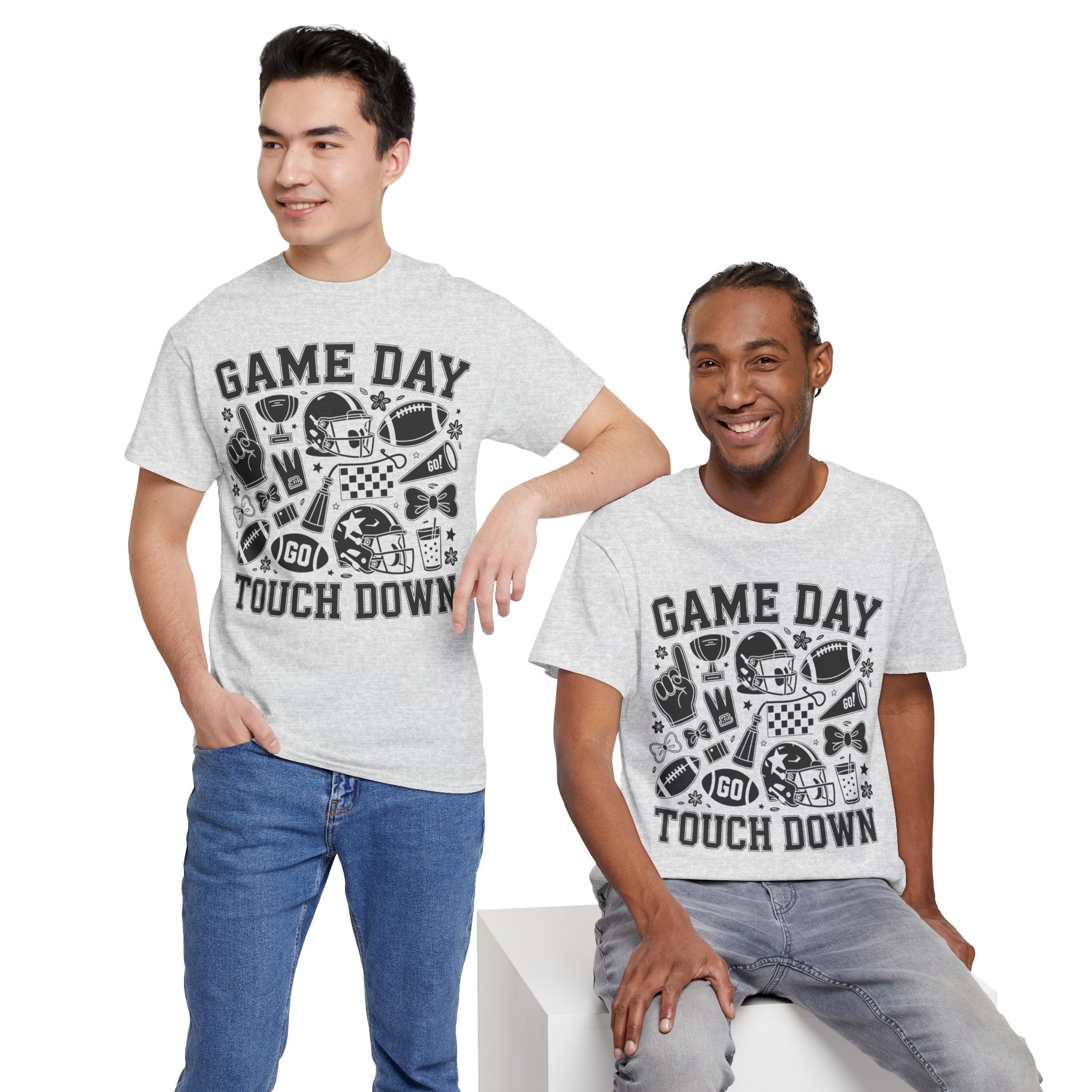 Game Day Touch Down Football T‑Shirt — Helmet & Cheer Monochrome Design Unisex Cotton Tee