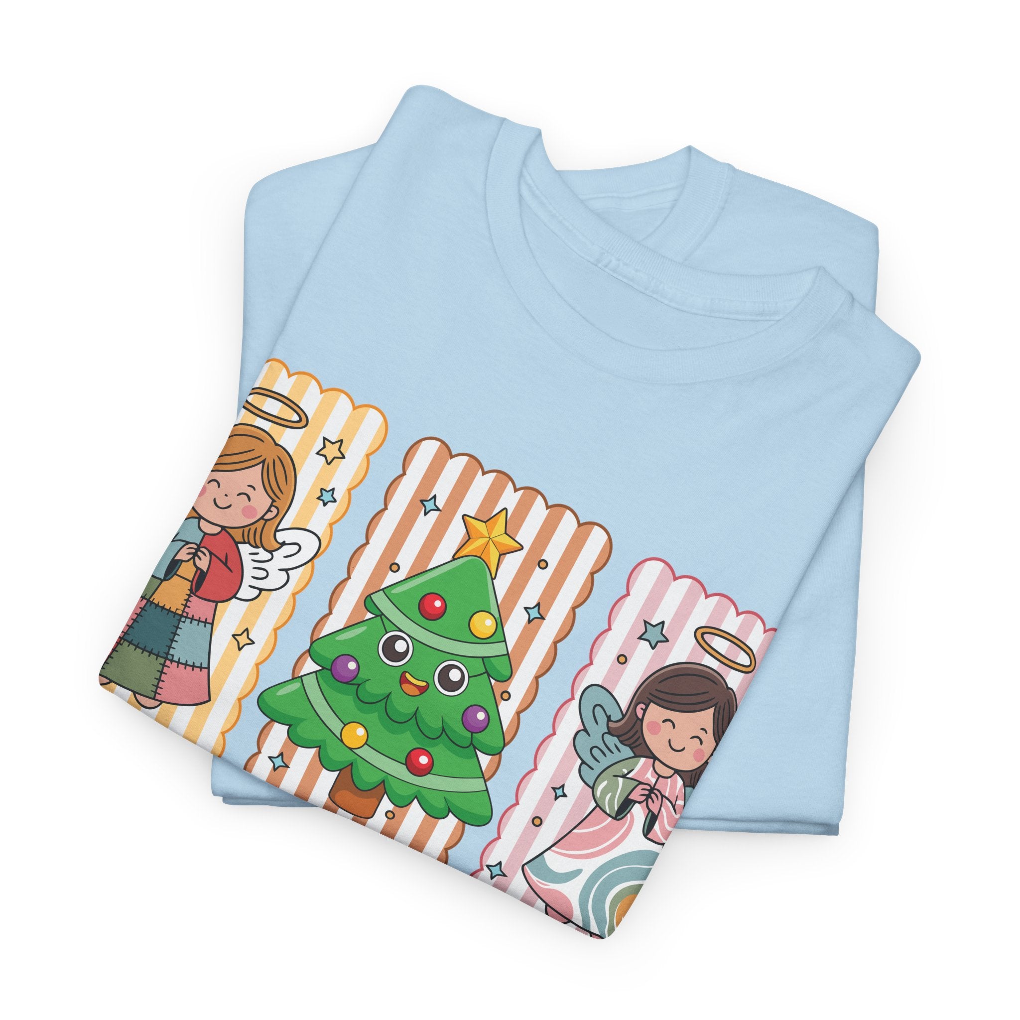 O Come Let Us Adore Him Christmas Tee — Smiling Angels & Happy Tree..Unisex Cotton Tee