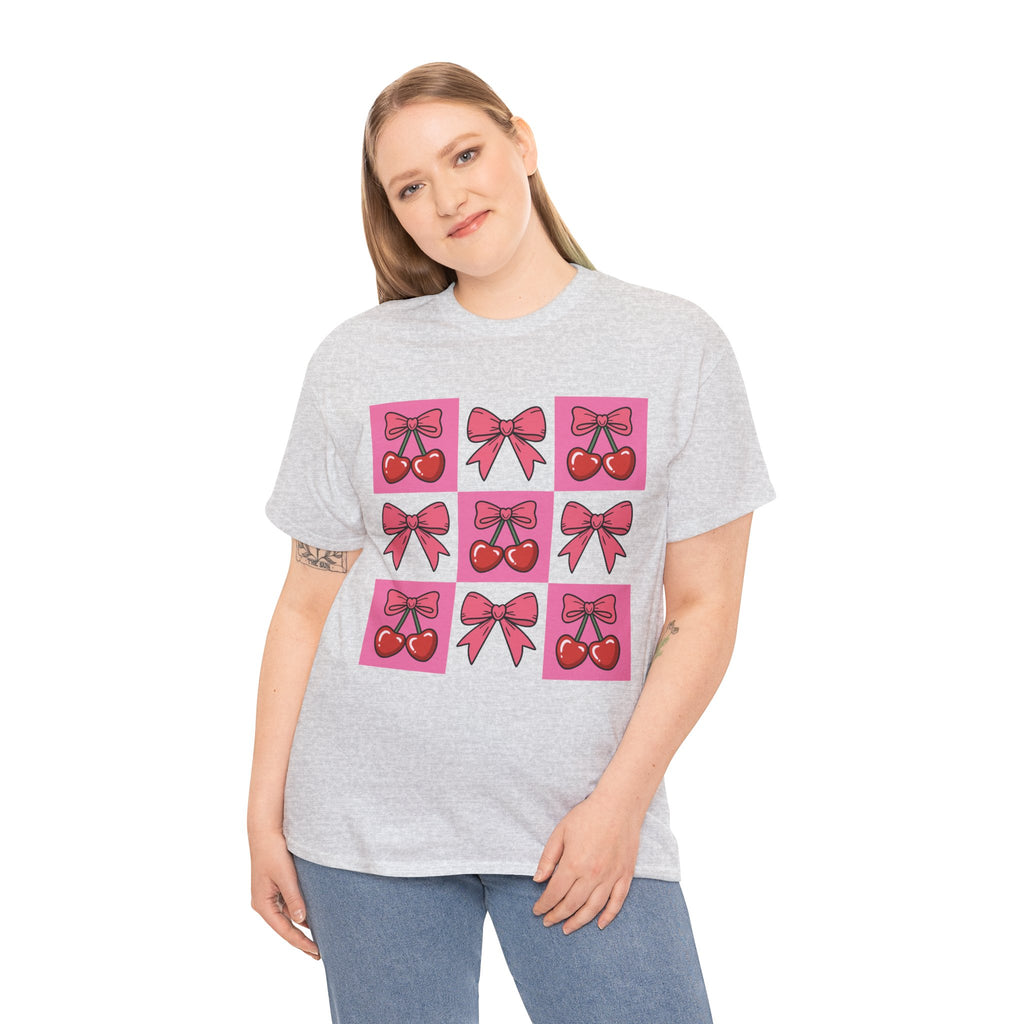Cherry & Pink Bow Checkered Unisex Cotton Tee