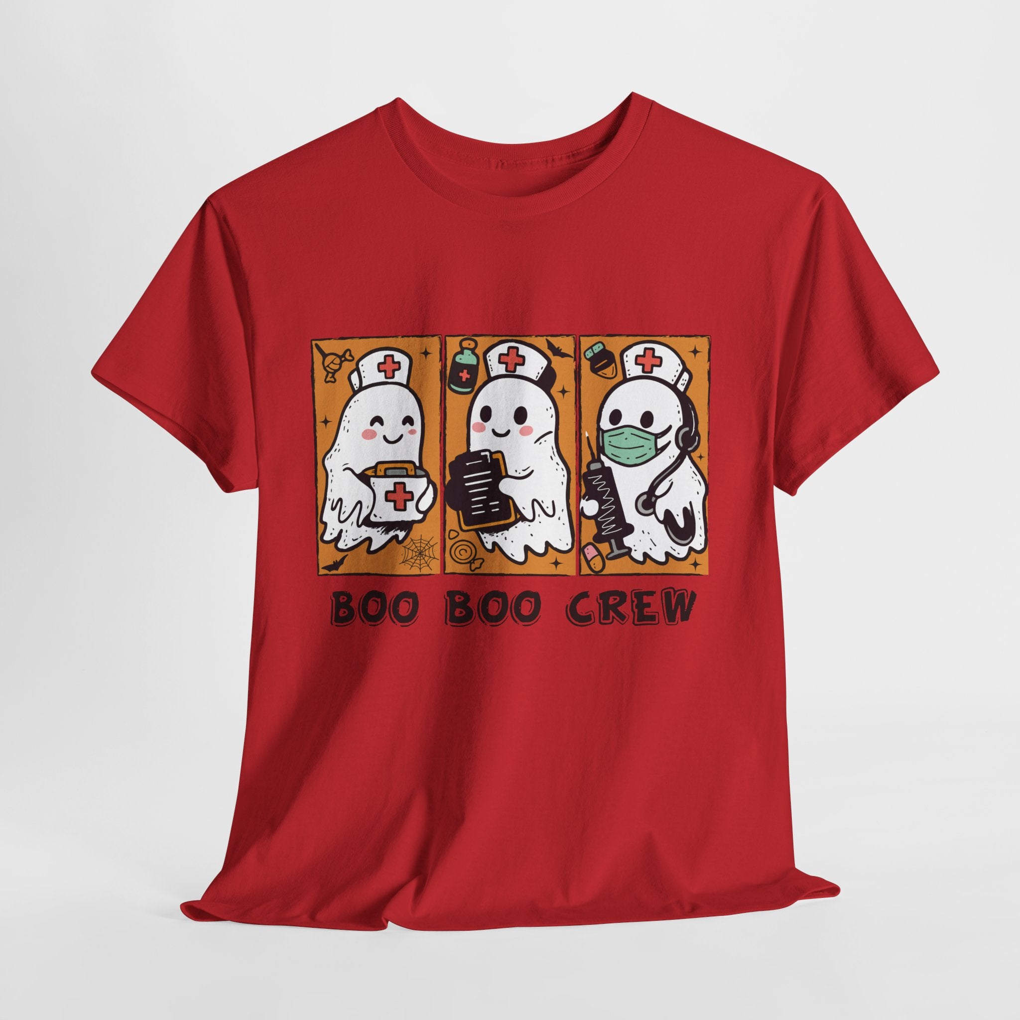 Halloween Nurse T-Shirt — Ghost Nurses Holding Medical Tools on Orange Unisec Cotton Tee