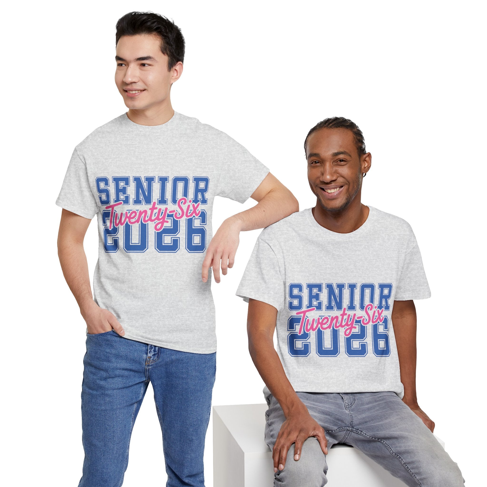 Senior 2026 Tee — Pink Varsity Block with Blue Script Overlay Unisex Cotton Tee