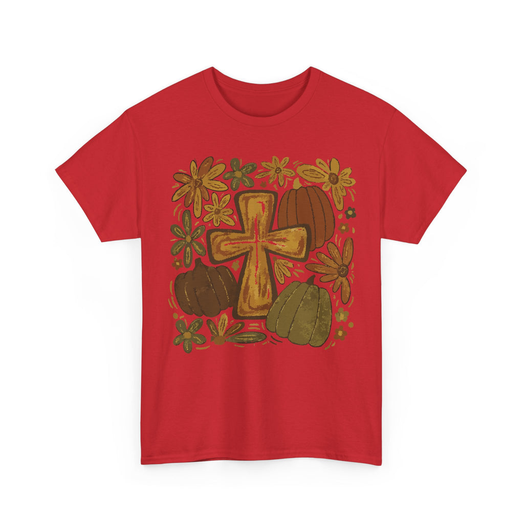 Autumn Cross Tee — Rustic Pumpkin & Fall Floral Christian Unisaex Cotton T-Shirt