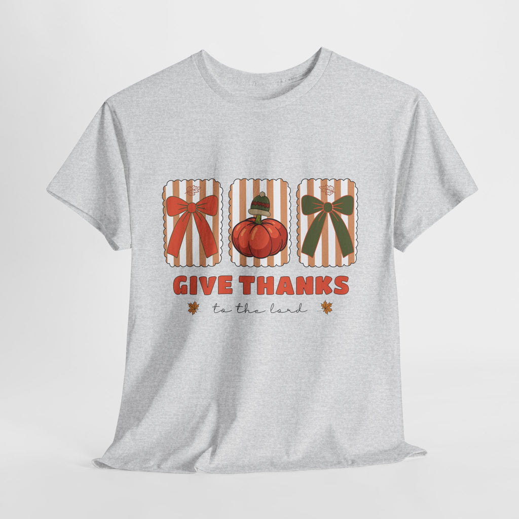 Give Thanks Thanksgiving T-Shirt — Pumpkin with Hat & Bows Unisex Cotton Tee