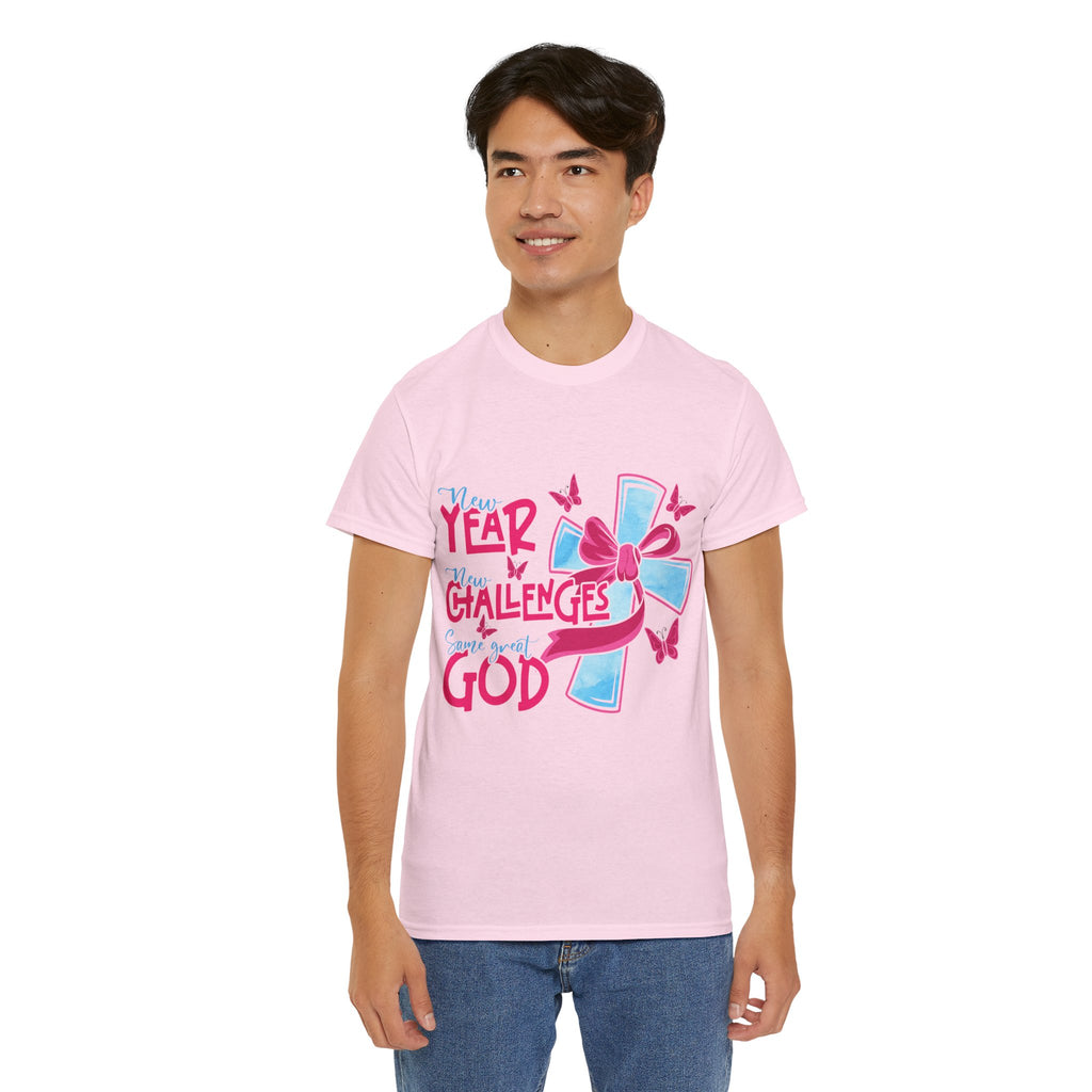 Christian T-Shirt — “New Year, New Challenges, Same Great God” with Pink Bow Cross & Butterflies. Unisex Cotton Tee