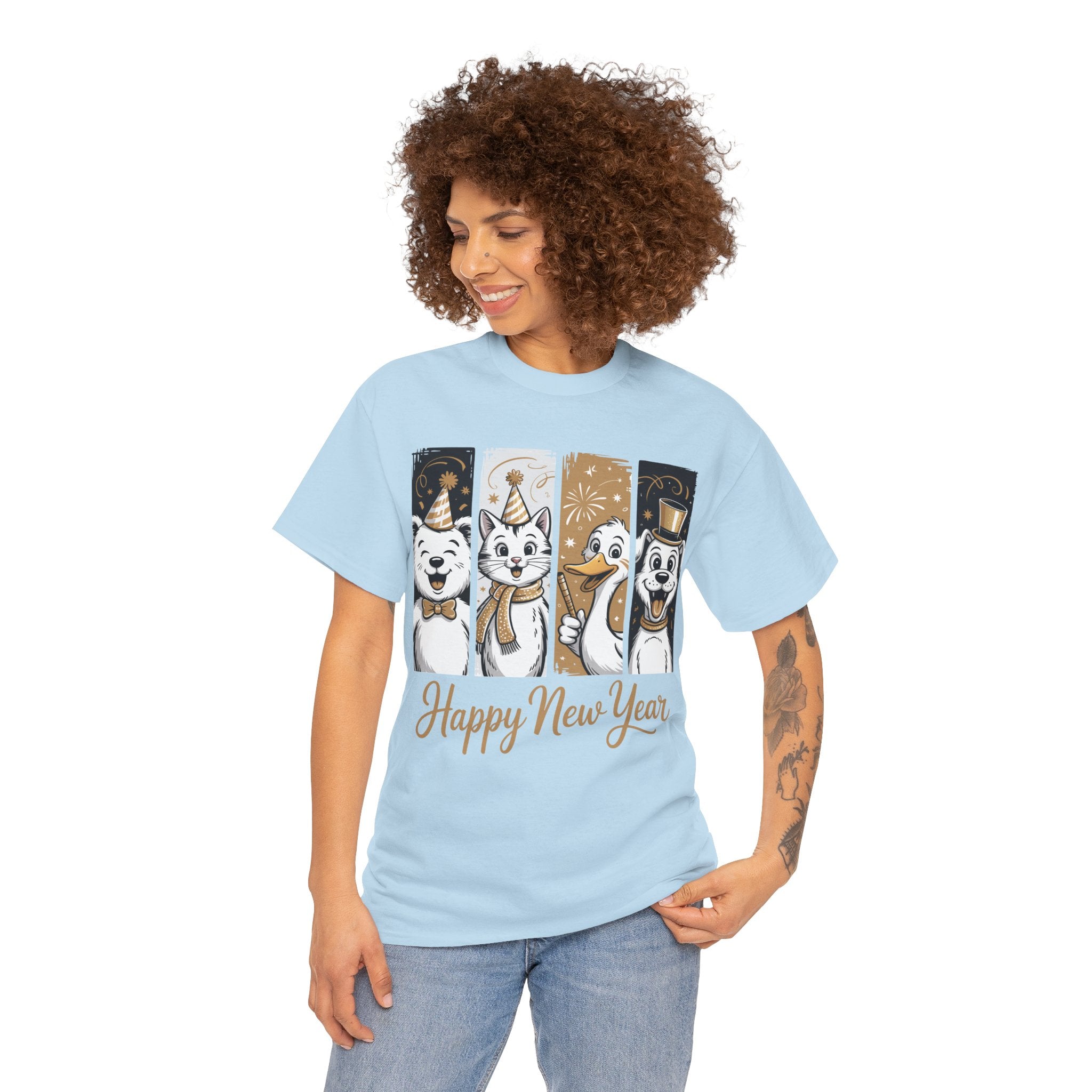 Happy New Year Party Animals T-Shirt — Cute Smiling Animals in Party Hats & Gold Fireworks..Unisex Cotton Tee
