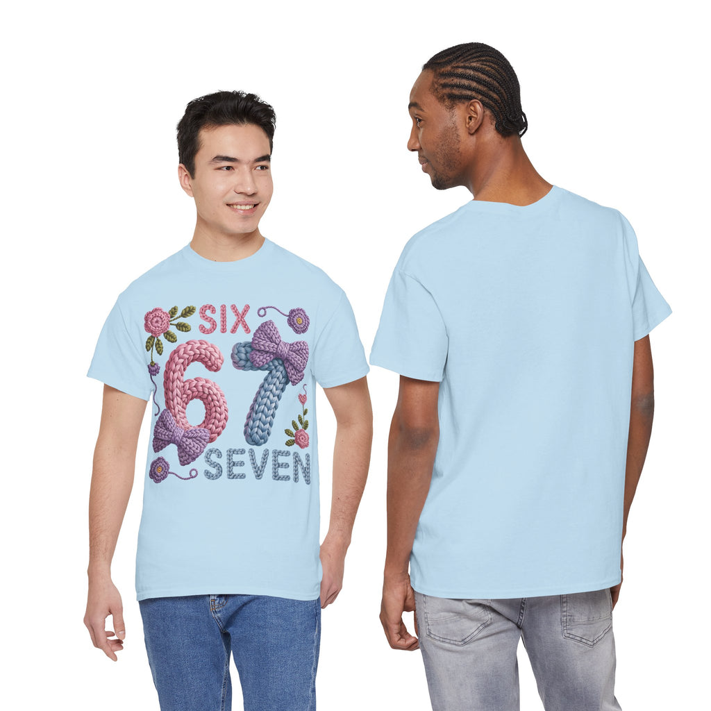 Pastel Crochet Numbers 6 & 7 Tee — Faux-Yarn Bows & Flowers. Unisex Cotton Tee