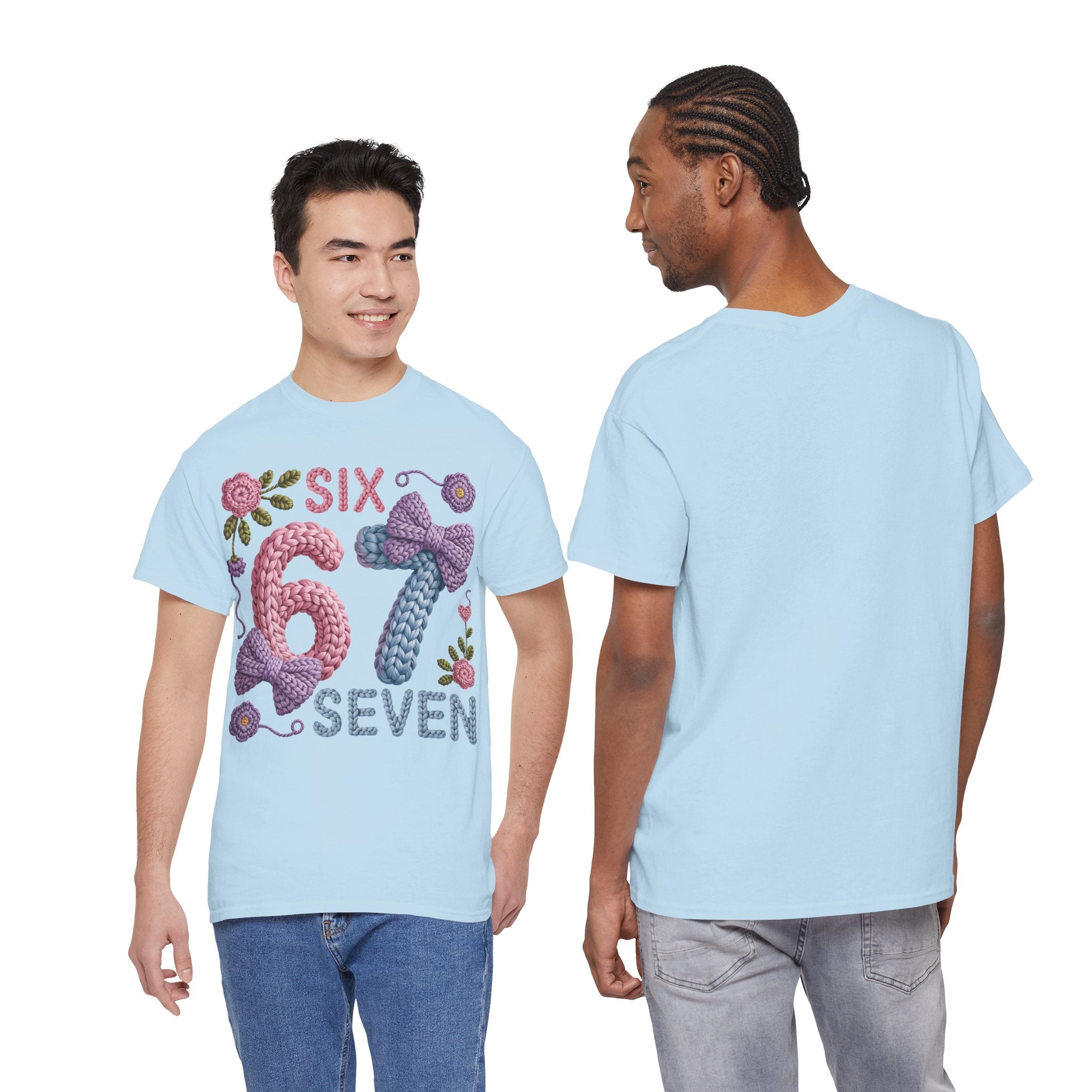 Pastel Crochet Numbers 6 & 7 Tee — Faux-Yarn Bows & Flowers. Unisex Cotton Tee